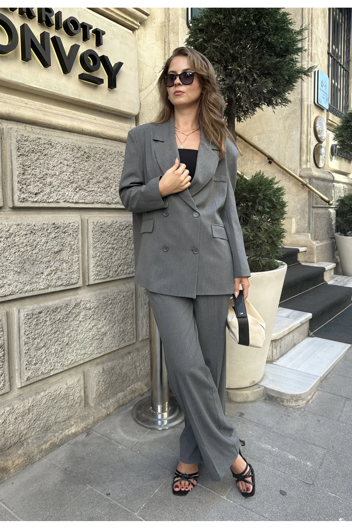 Gri Oversize Kruvaze Ceket Tam Kalıp Palazzo Pantolon Viskon Premium İkili Takım