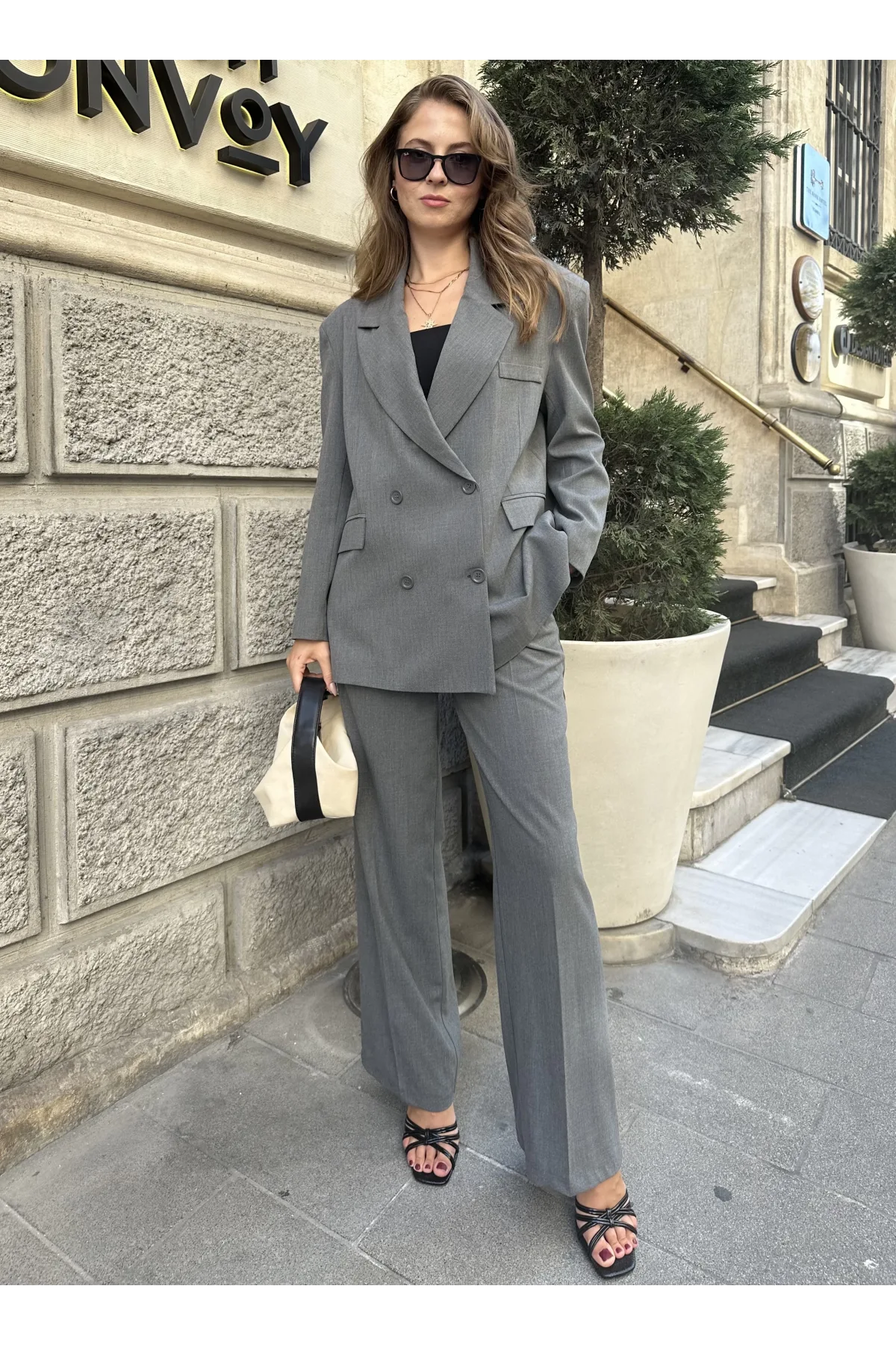 Gri Oversize Kruvaze Ceket Tam Kalıp Palazzo Pantolon Viskon Premium İkili Takım