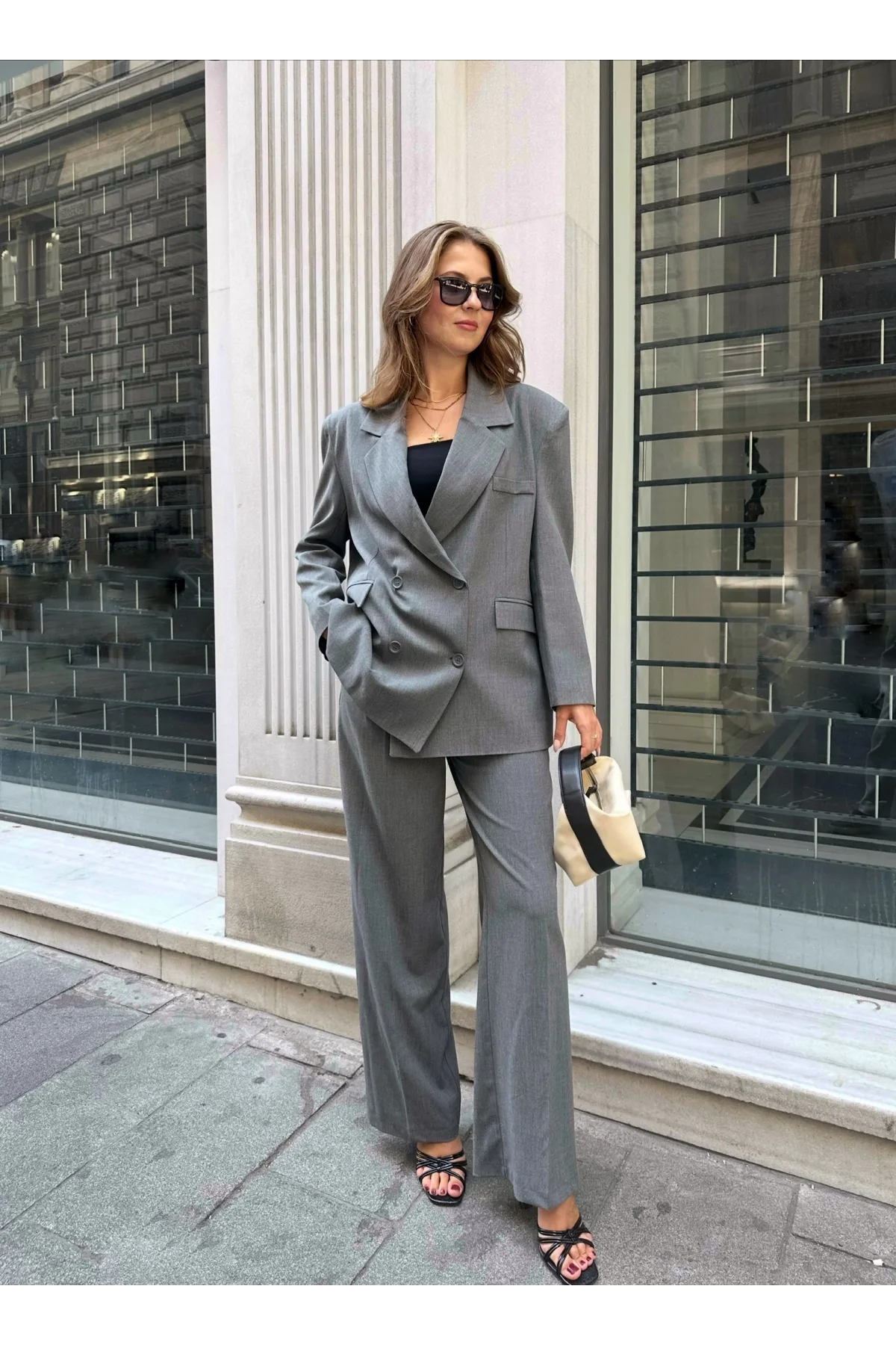 Gri Oversize Kruvaze Ceket Tam Kalıp Palazzo Pantolon Viskon Premium İkili Takım