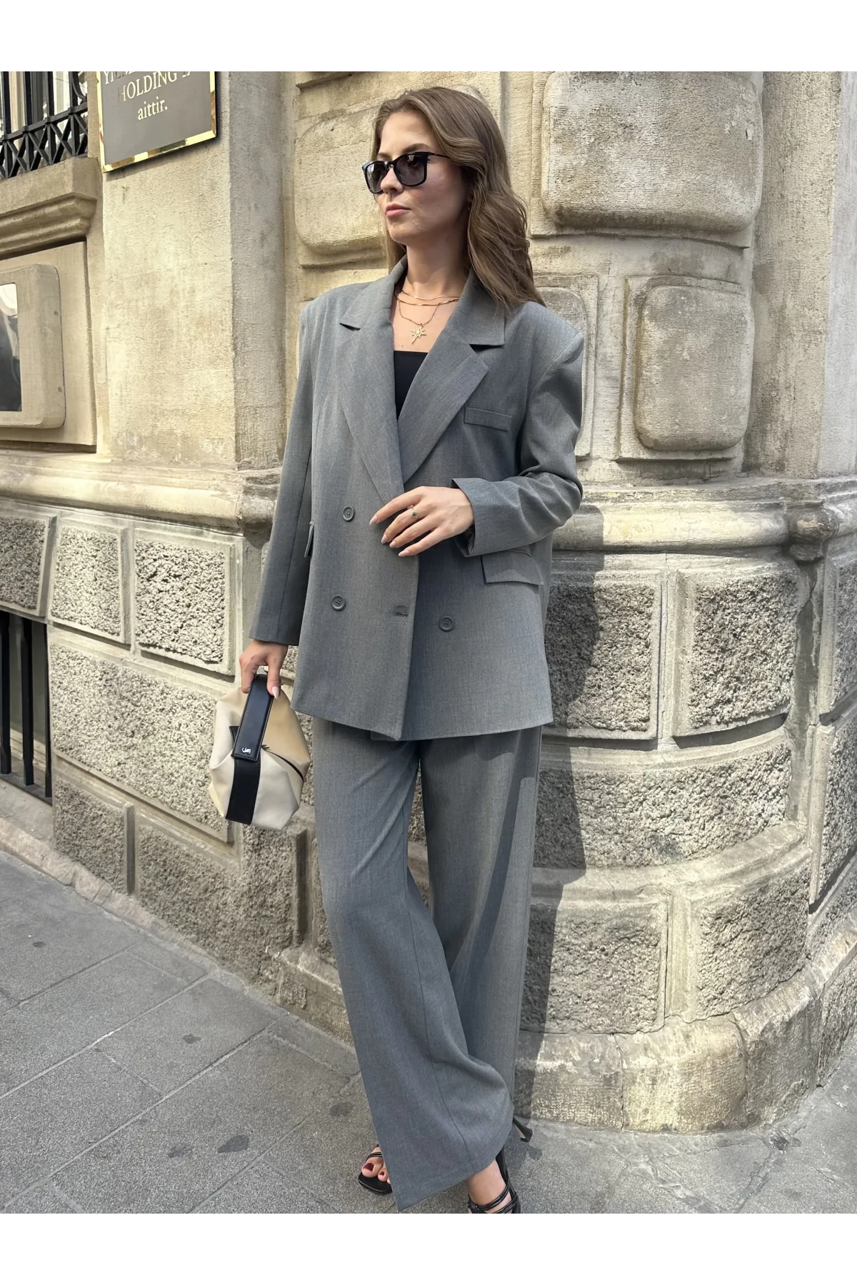 Gri Oversize Kruvaze Ceket Tam Kalıp Palazzo Pantolon Viskon Premium İkili Takım