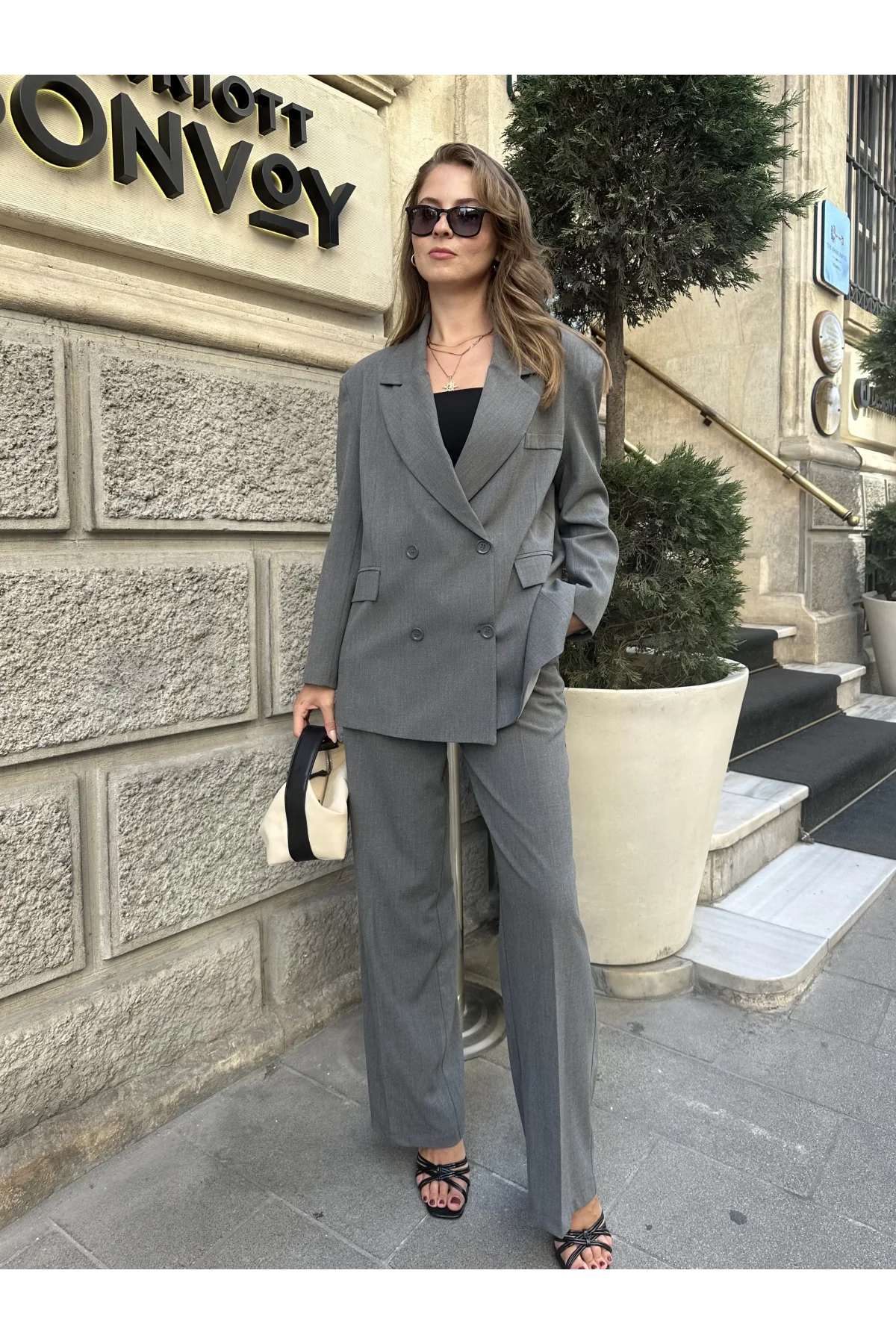 Gri Oversize Kruvaze Ceket Tam Kalıp Palazzo Pantolon Viskon Premium İkili Takım