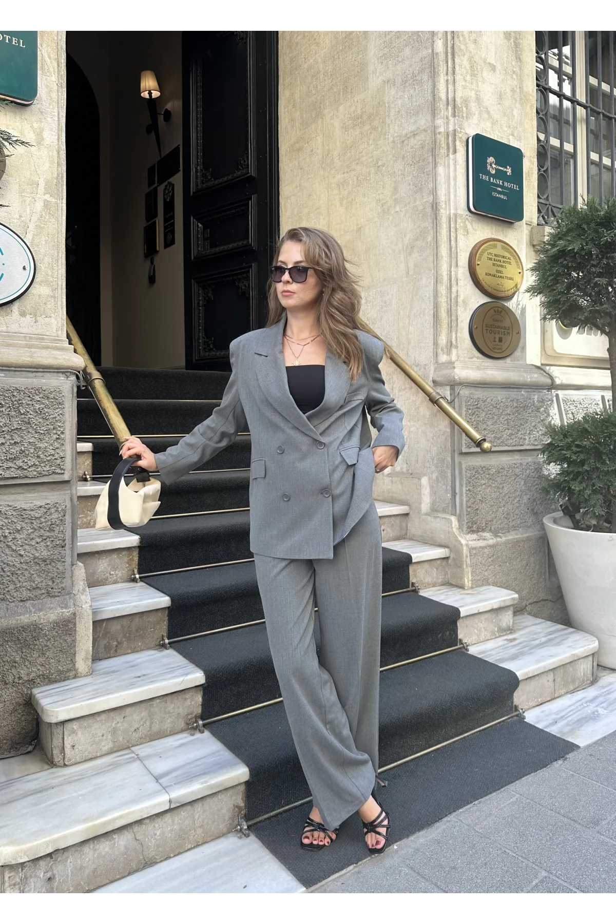 Gri Oversize Kruvaze Ceket Tam Kalıp Palazzo Pantolon Viskon Premium İkili Takım