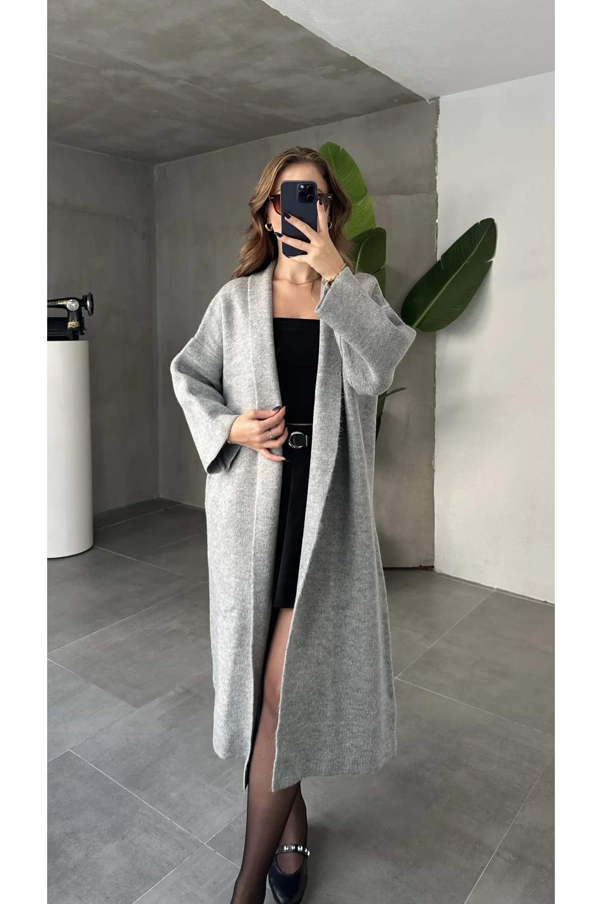 Gri Şal Yaka Tam Boy Uzun Salaş Oversize Triko Hırka