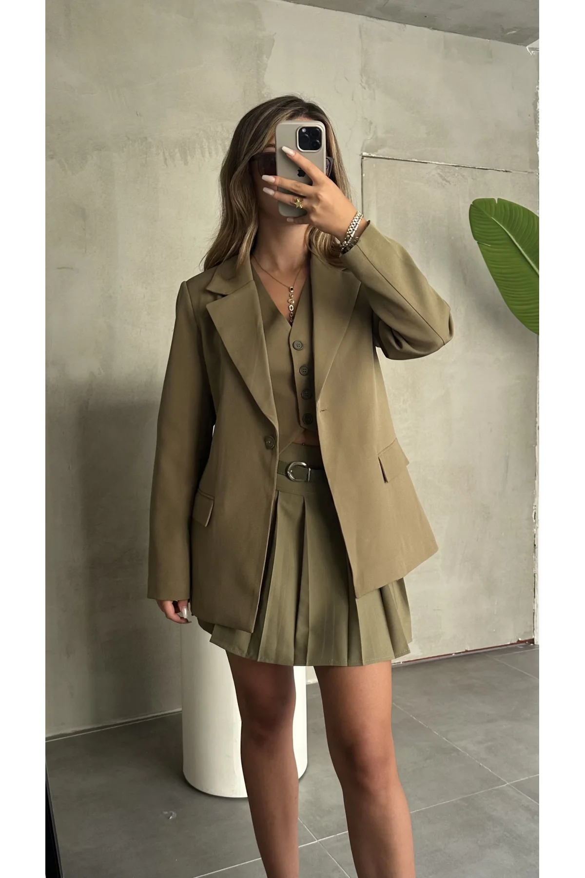 Haki Double Yelek-Etek & Blazer Ceket Üçlü Set Takım