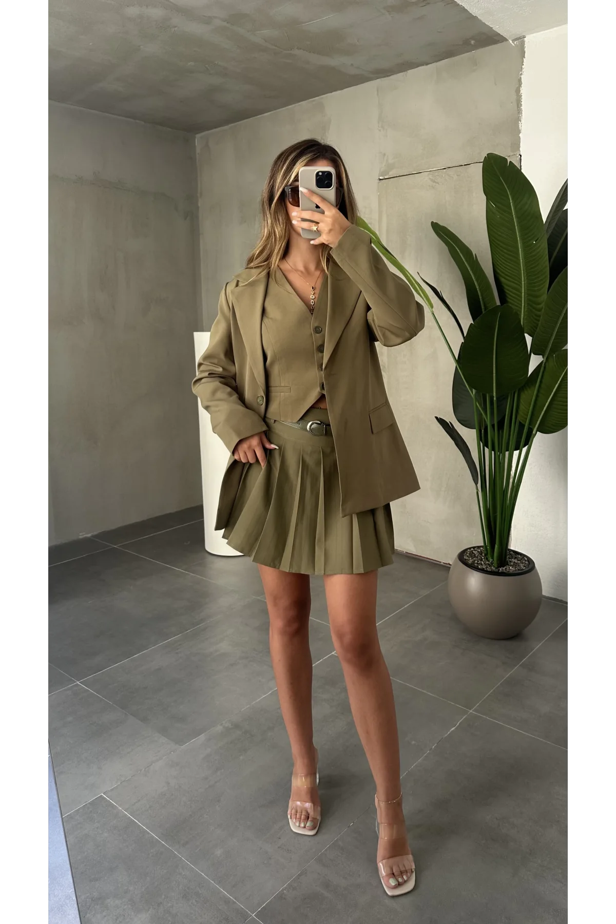 Haki Double Yelek-Etek & Blazer Ceket Üçlü Set Takım
