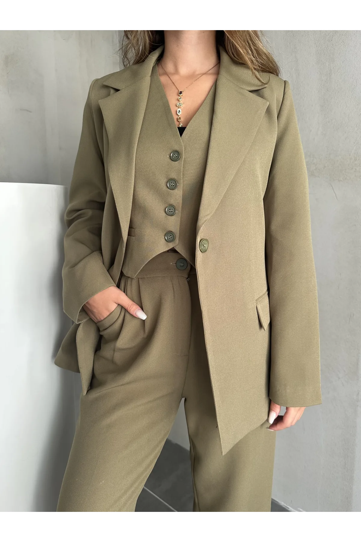 Haki Double Yelek-Pantolon-Blazer Ceket 3lü Set Takım