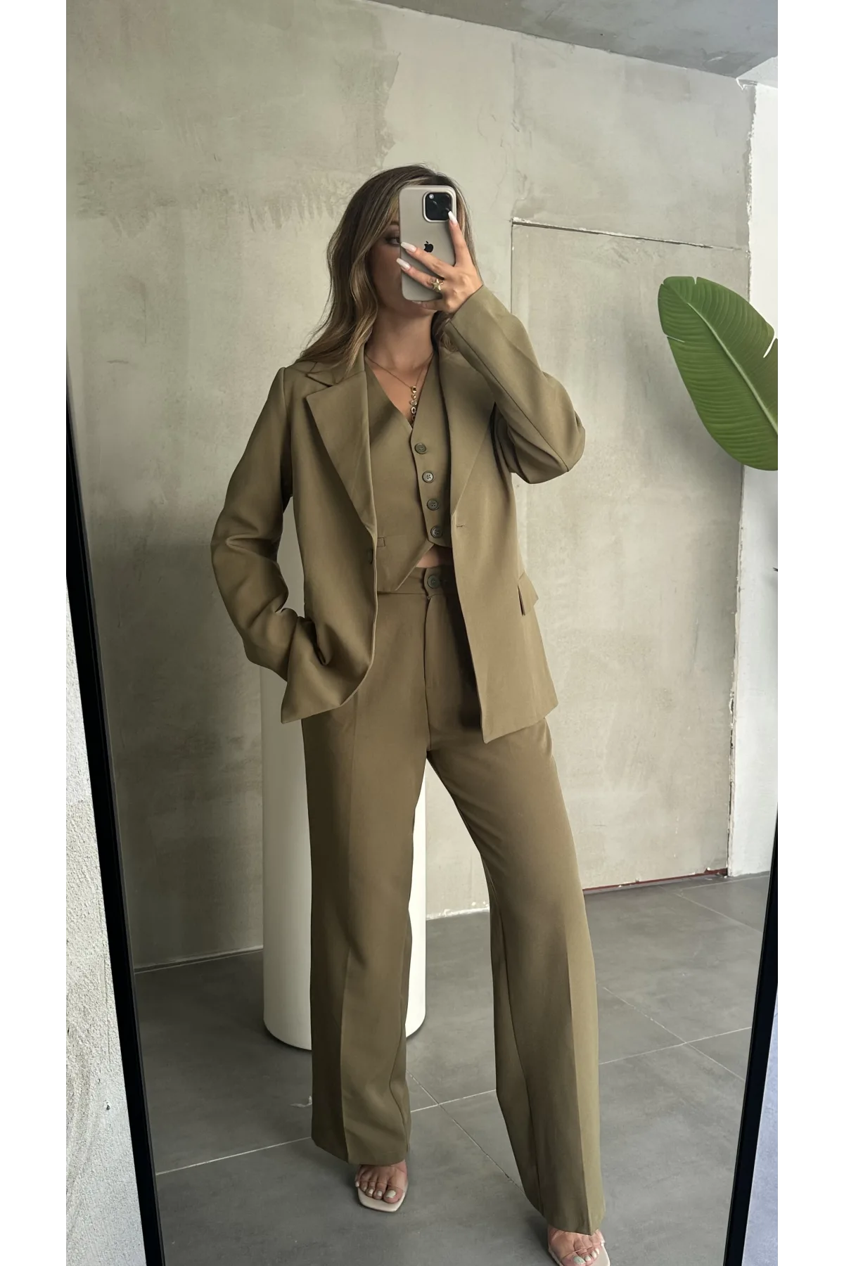 Haki Double Yelek-Pantolon-Blazer Ceket 3lü Set Takım
