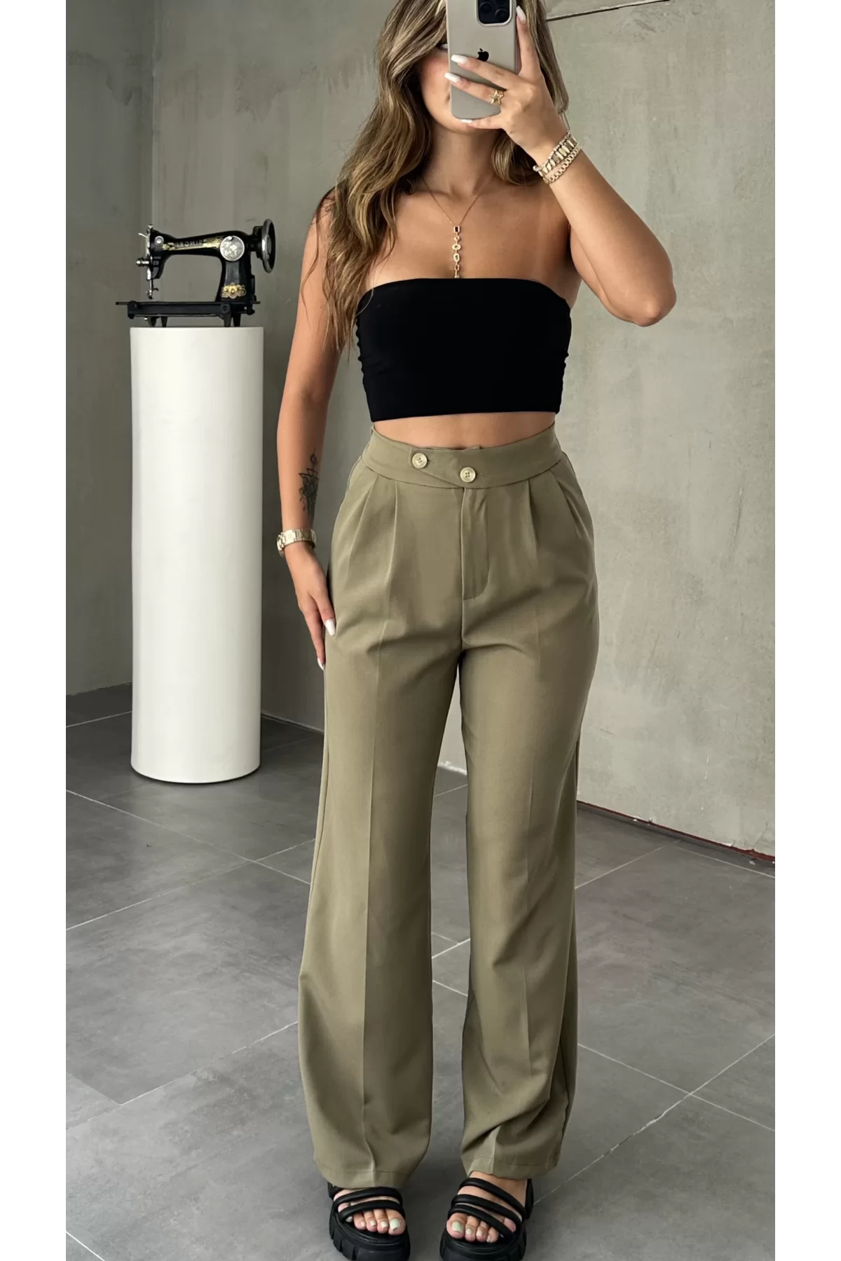 Haki Kore Model Yüksek Bel Palazzo Pantolon