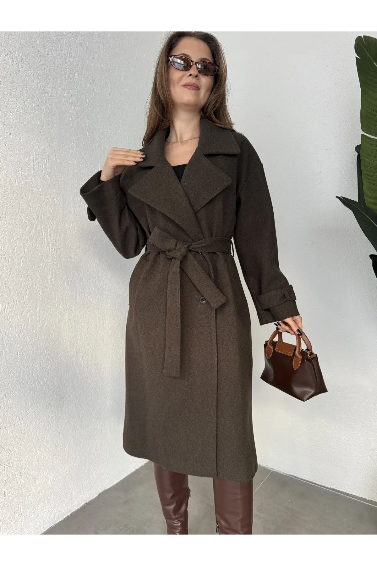 Haki Kruvaze Oversize Premium Kalite Kuşaklı Tam Boy Uzun Kaşe Mont