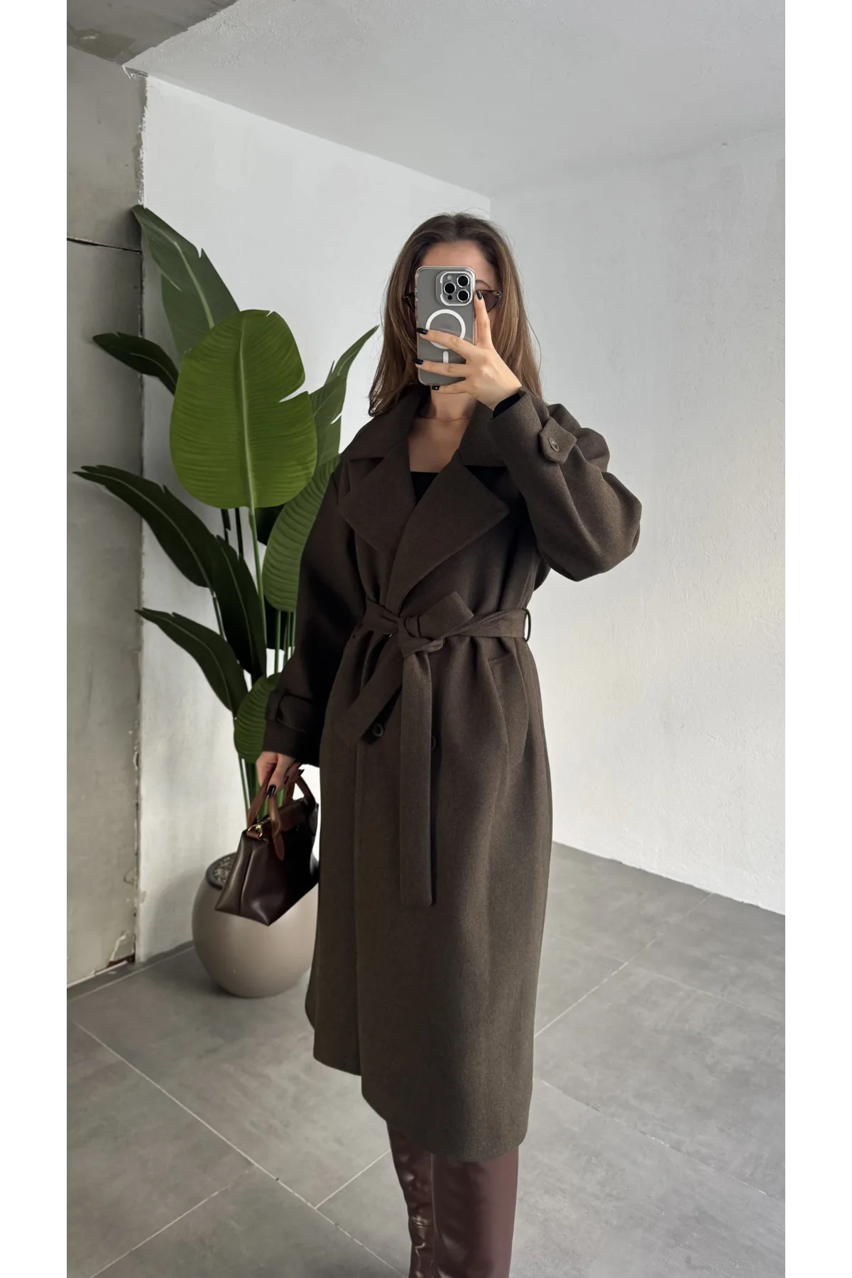 Haki Kruvaze Oversize Premium Kalite Kuşaklı Tam Boy Uzun Kaşe Mont