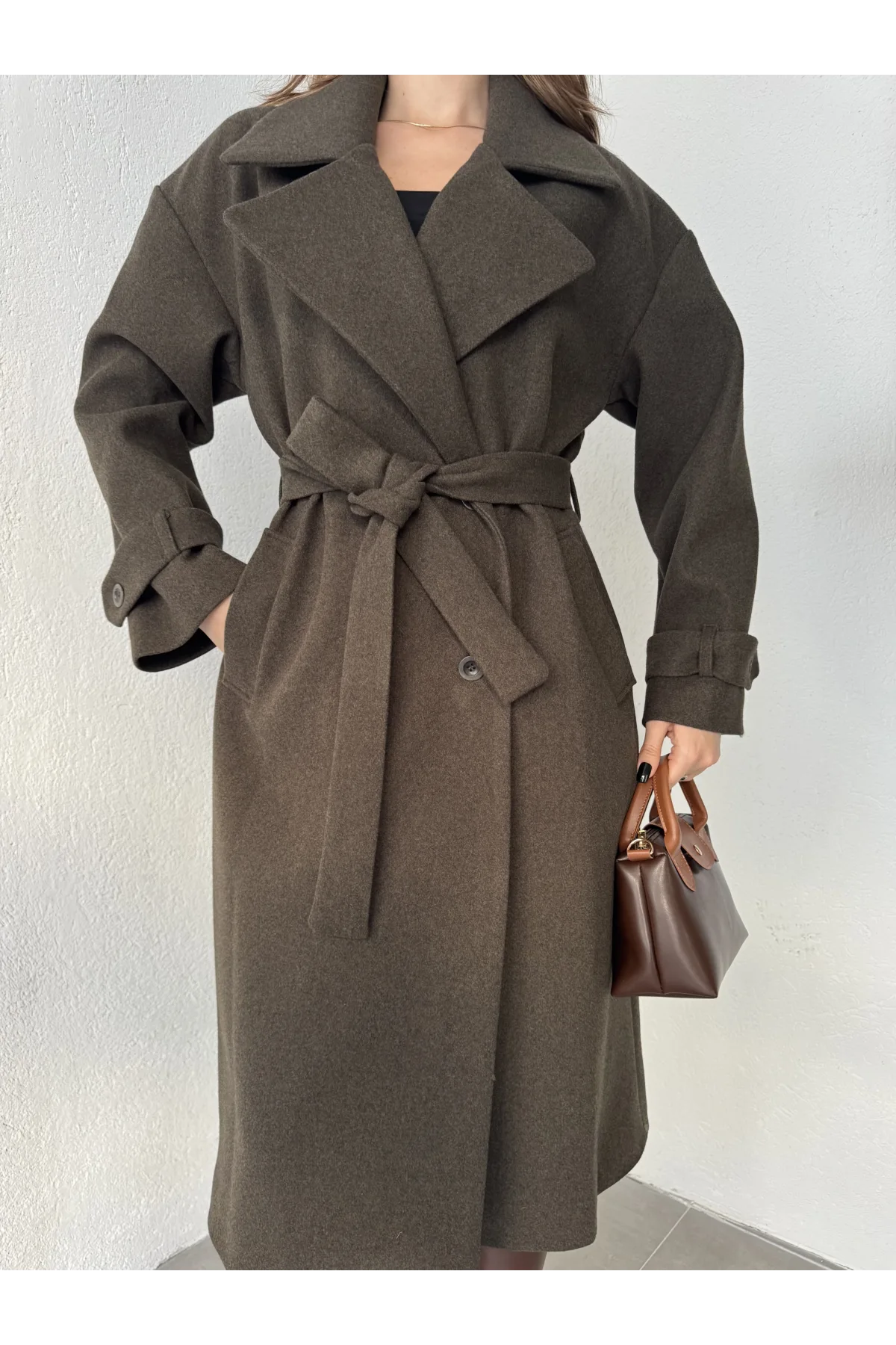 Haki Kruvaze Oversize Premium Kalite Kuşaklı Tam Boy Uzun Kaşe Mont