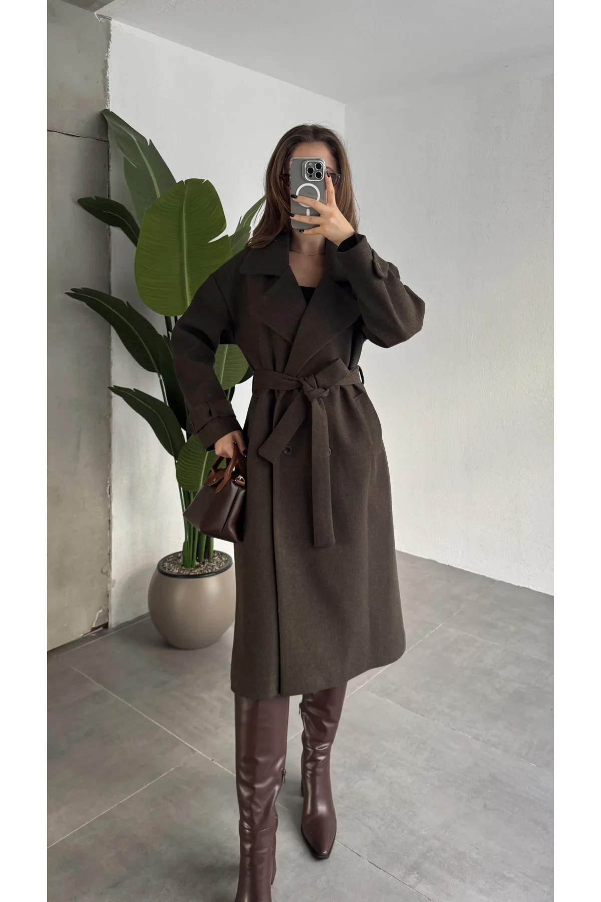 Haki Kruvaze Oversize Premium Kalite Kuşaklı Tam Boy Uzun Kaşe Mont