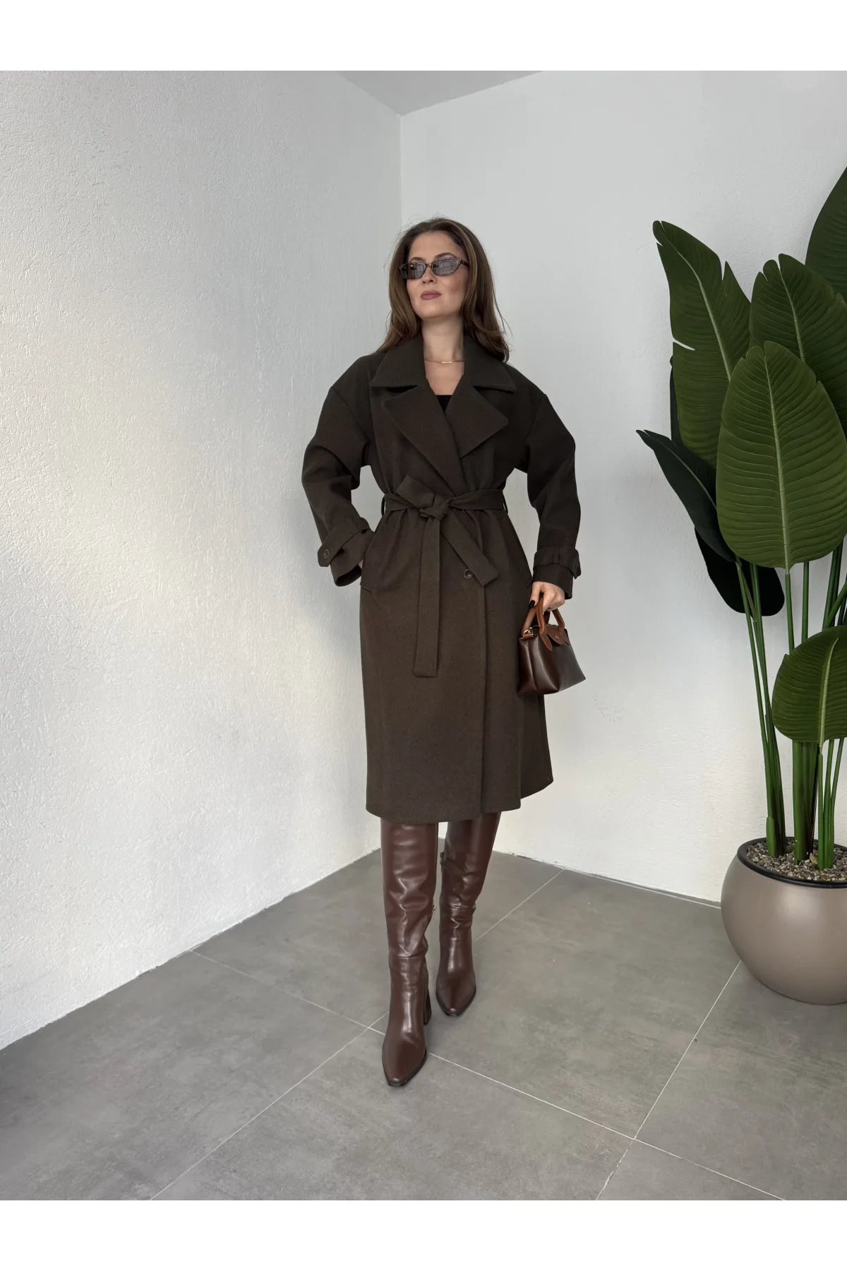 Haki Kruvaze Oversize Premium Kalite Kuşaklı Tam Boy Uzun Kaşe Mont