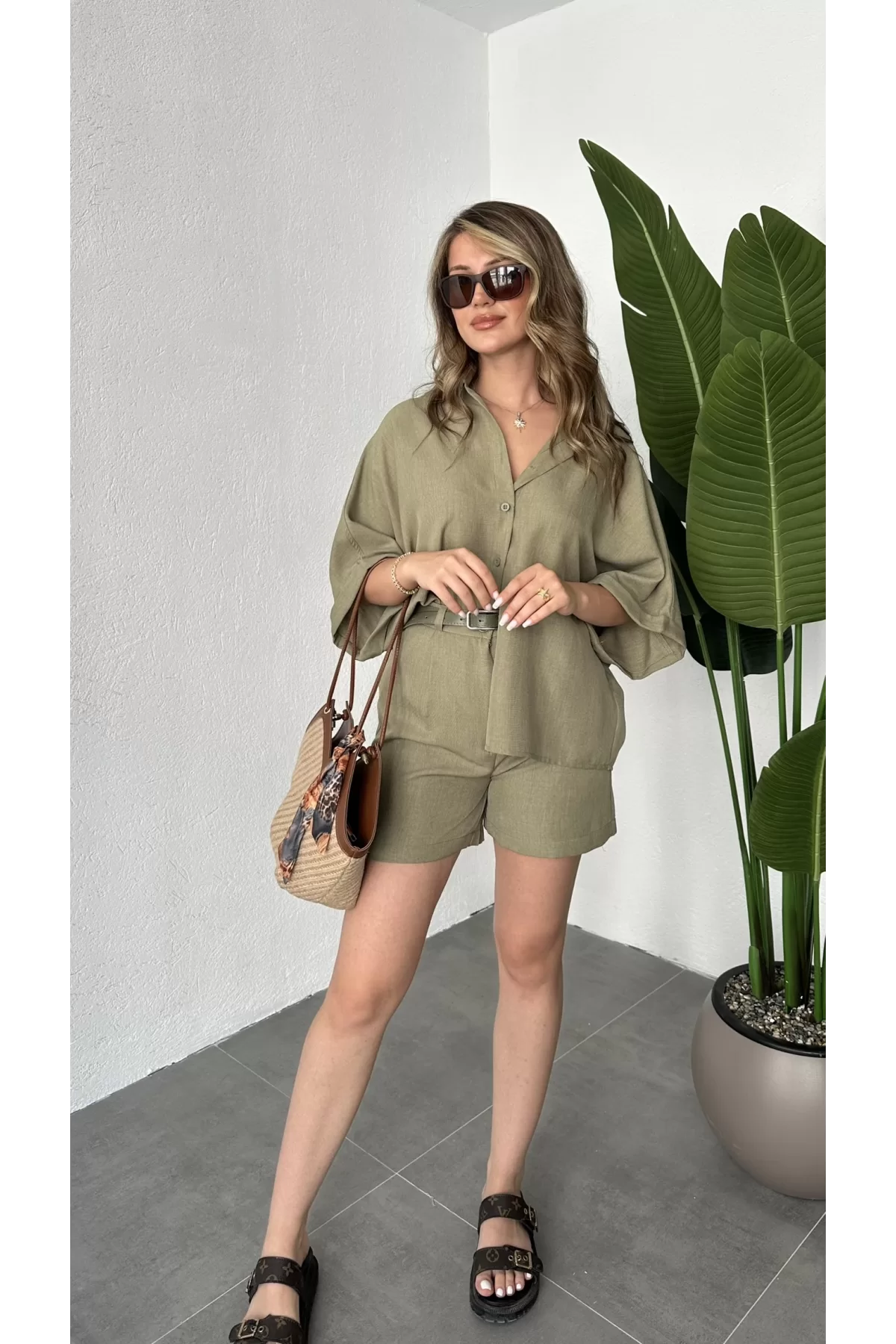 Haki Oversize Keten Şort & Gömlek İkili Takım
