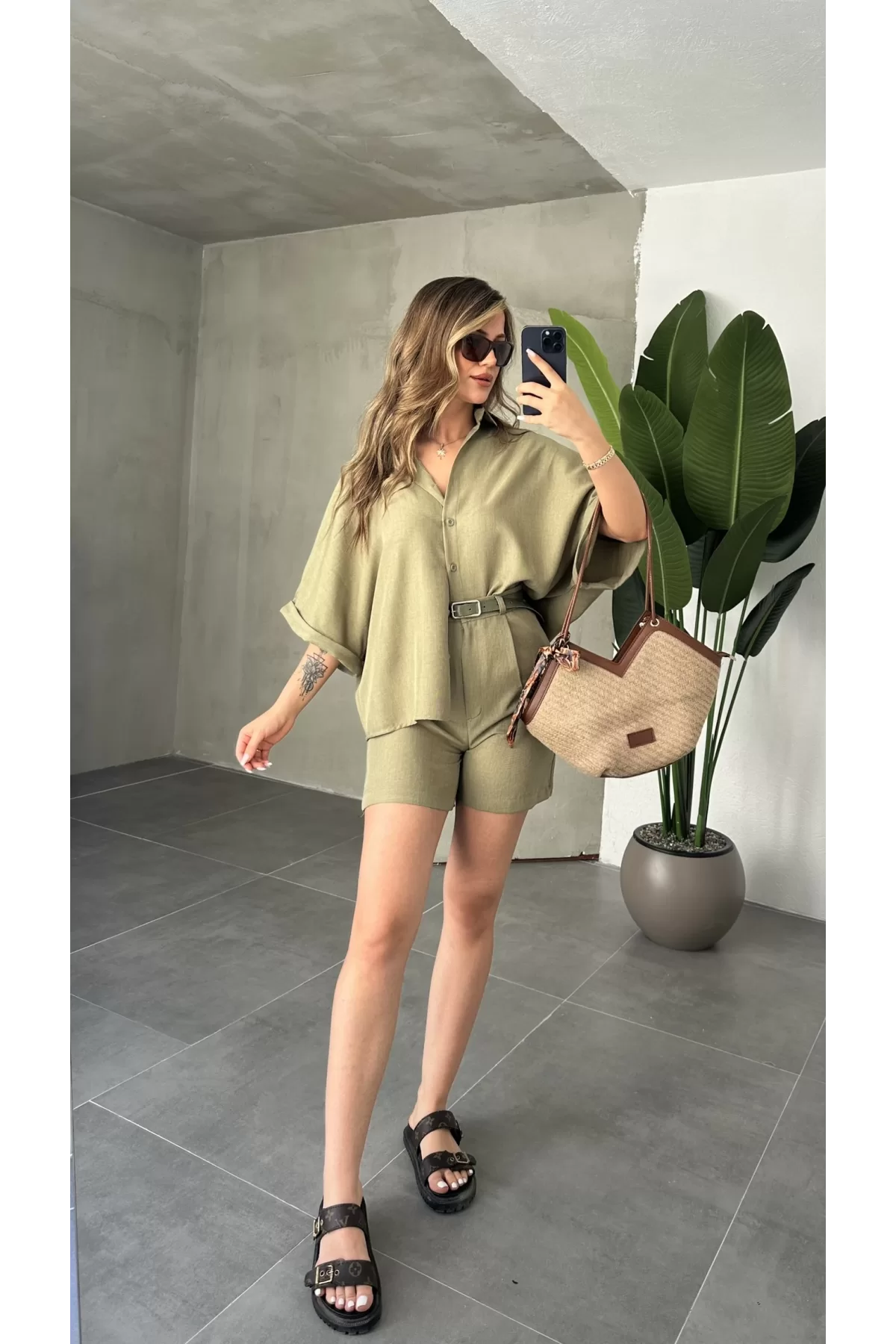 Haki Oversize Keten Şort & Gömlek İkili Takım