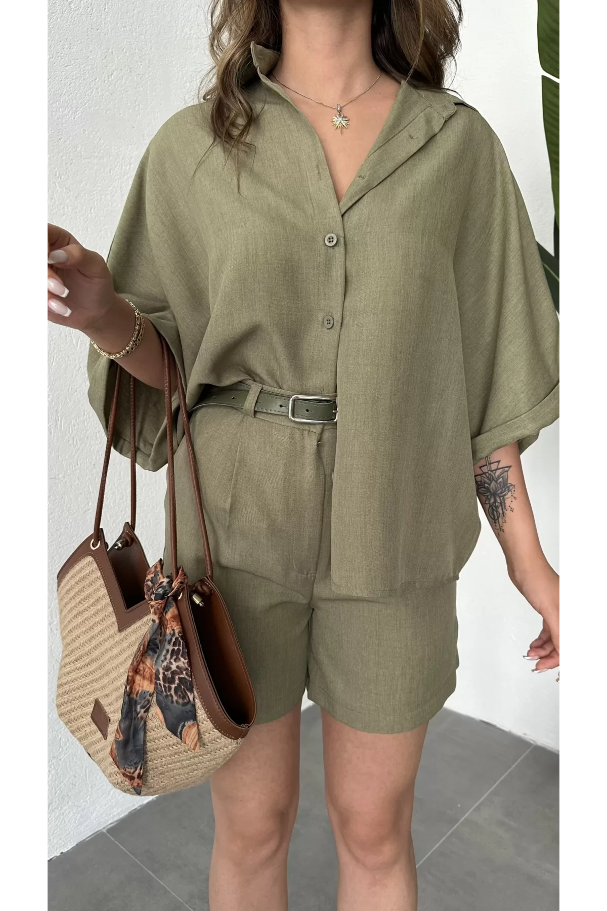 Haki Oversize Keten Şort & Gömlek İkili Takım