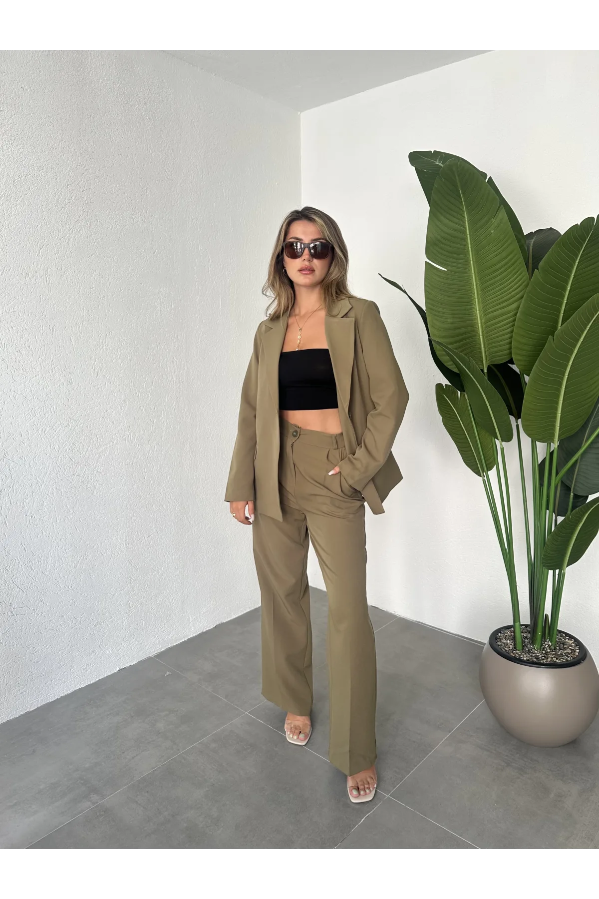 Haki Tek Düğmeli Blazer Ceket&Palazzo Pantolon İkili Takım
