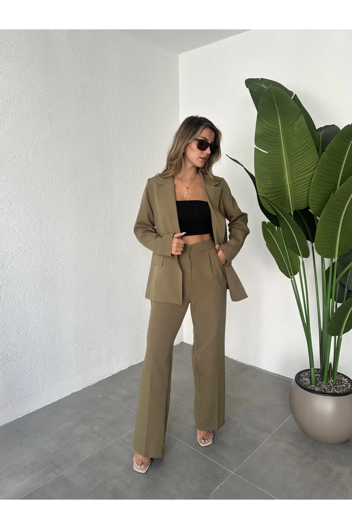 Haki Tek Düğmeli Blazer Ceket&Palazzo Pantolon İkili Takım