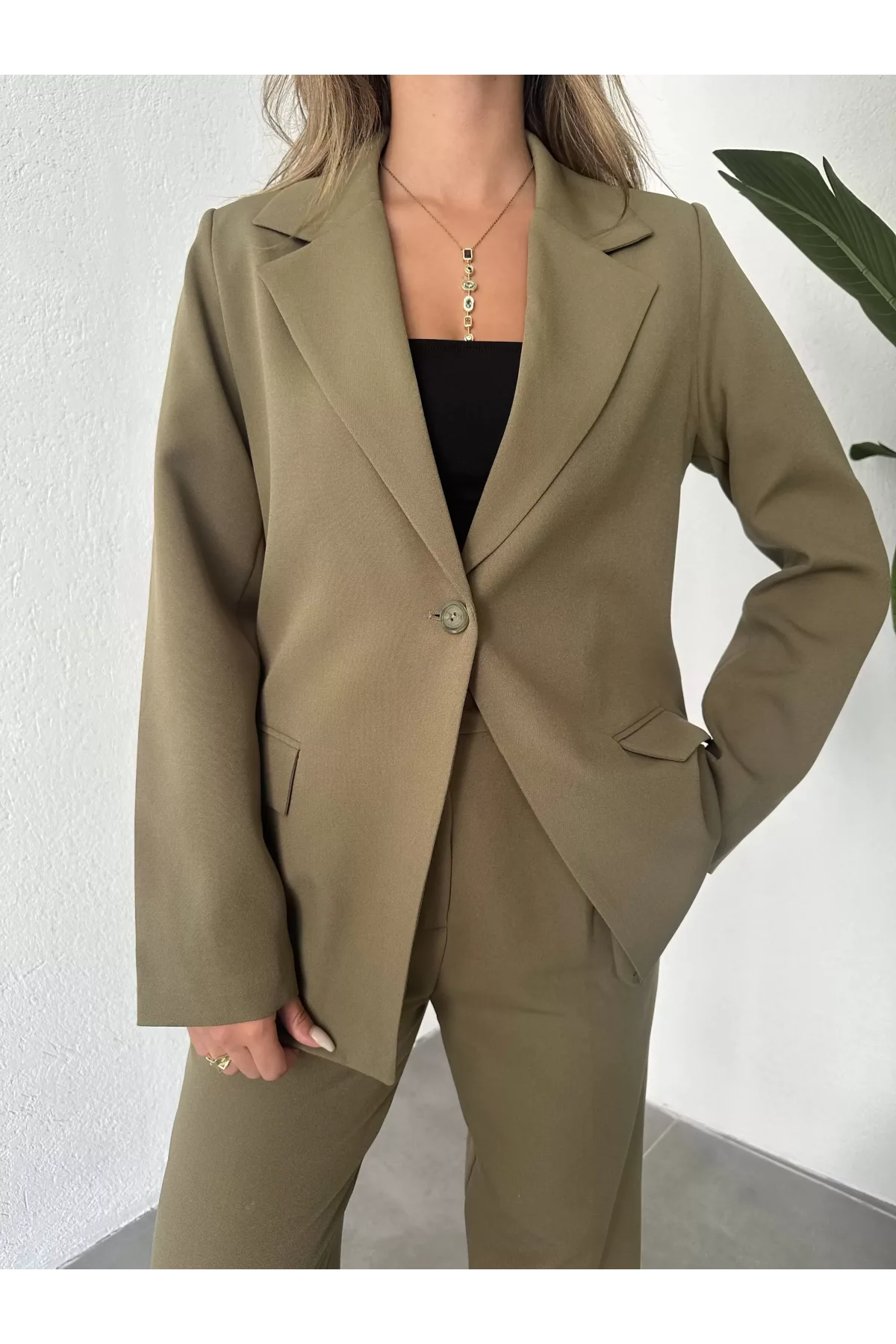 Haki Tek Düğmeli Blazer Ceket&Palazzo Pantolon İkili Takım
