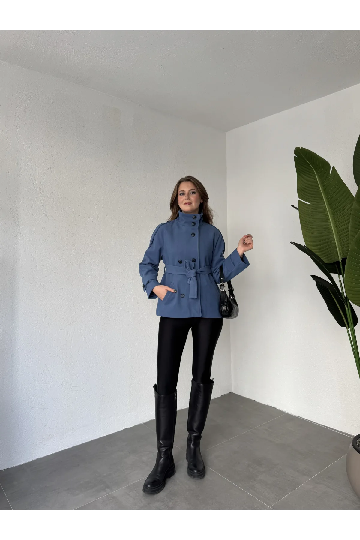 İndigo Mavi Kruvaze Boğazlı Dik Yaka Düğmeli Apoletli Kaşe Kaban Mont