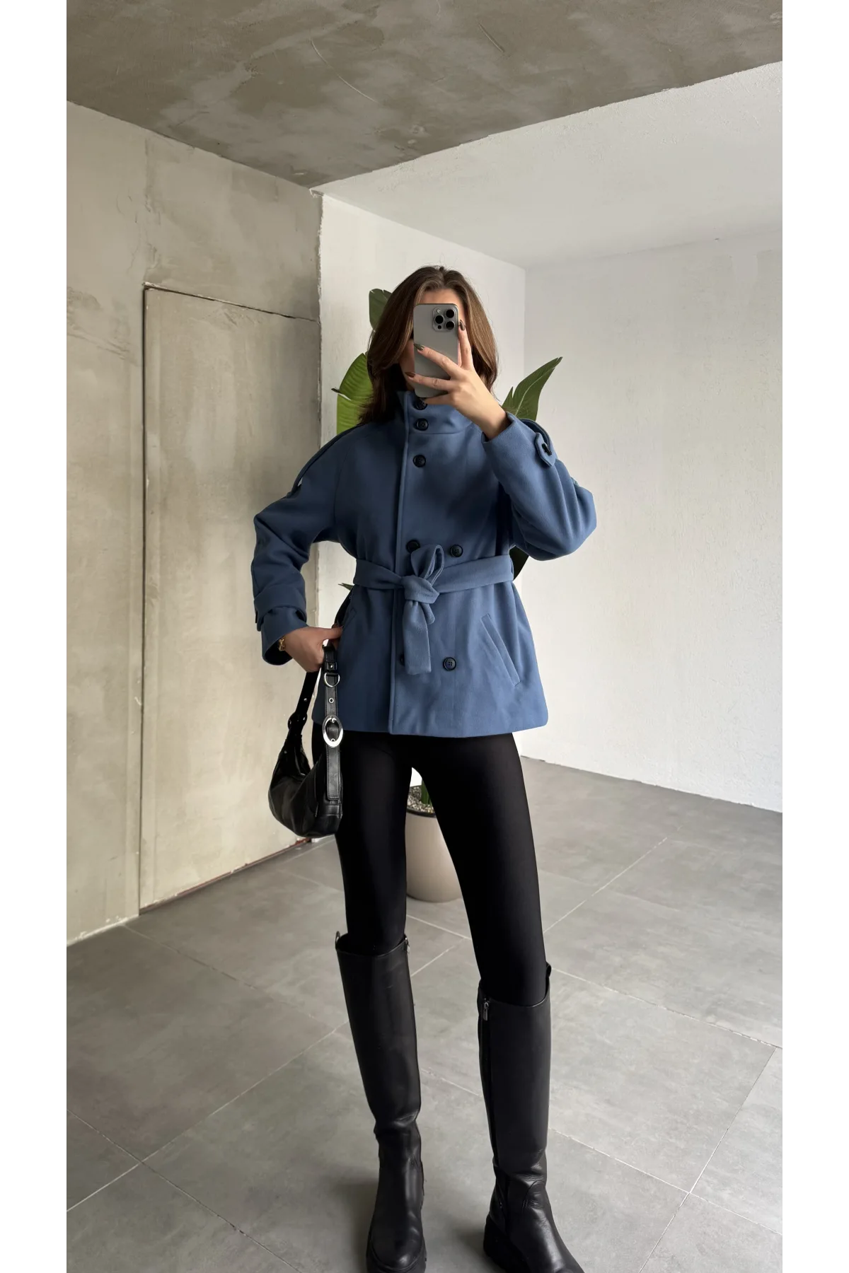 İndigo Mavi Kruvaze Boğazlı Dik Yaka Düğmeli Apoletli Kaşe Kaban Mont