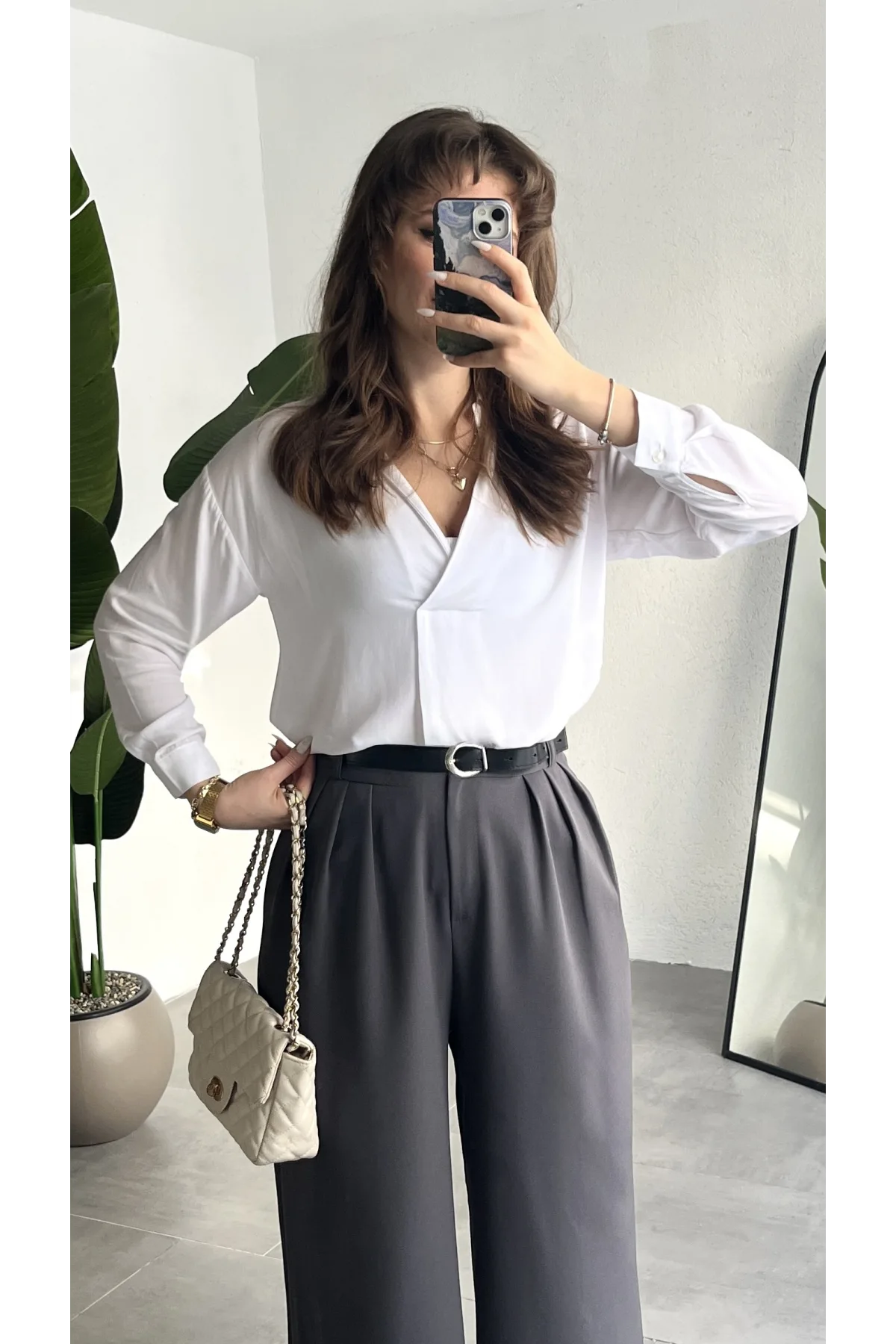 Kadın Antrasit Pileli Yüksek Bel Bol Paça Ekstra Bol Palazzo Kumaş Pantolon