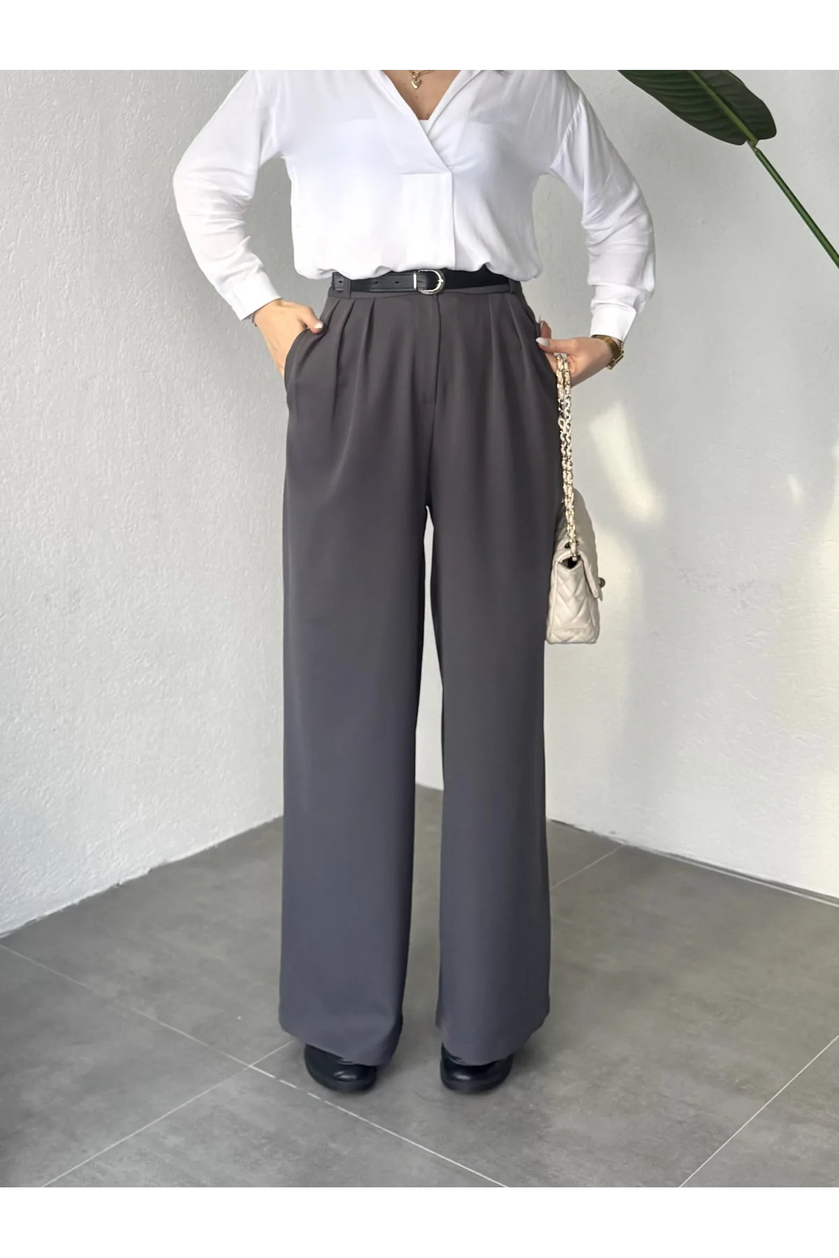 Kadın Antrasit Pileli Yüksek Bel Bol Paça Ekstra Bol Palazzo Kumaş Pantolon