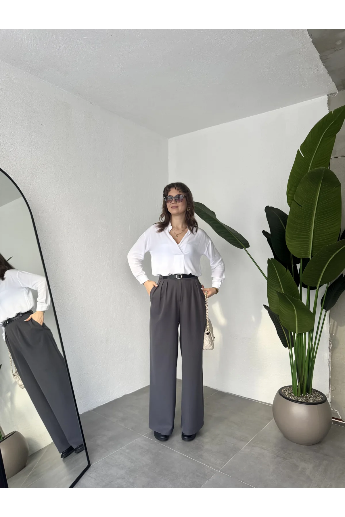 Kadın Antrasit Pileli Yüksek Bel Bol Paça Ekstra Bol Palazzo Kumaş Pantolon