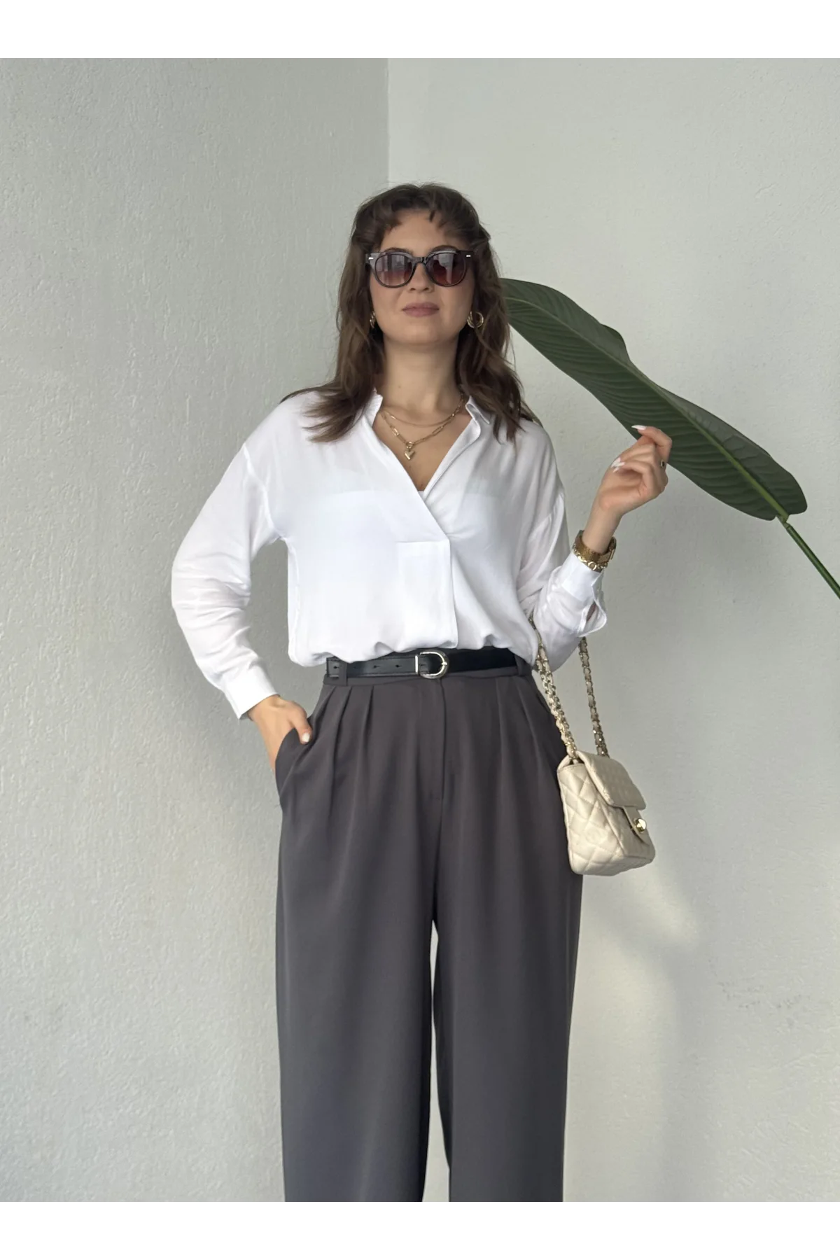 Kadın Antrasit Pileli Yüksek Bel Bol Paça Ekstra Bol Palazzo Kumaş Pantolon