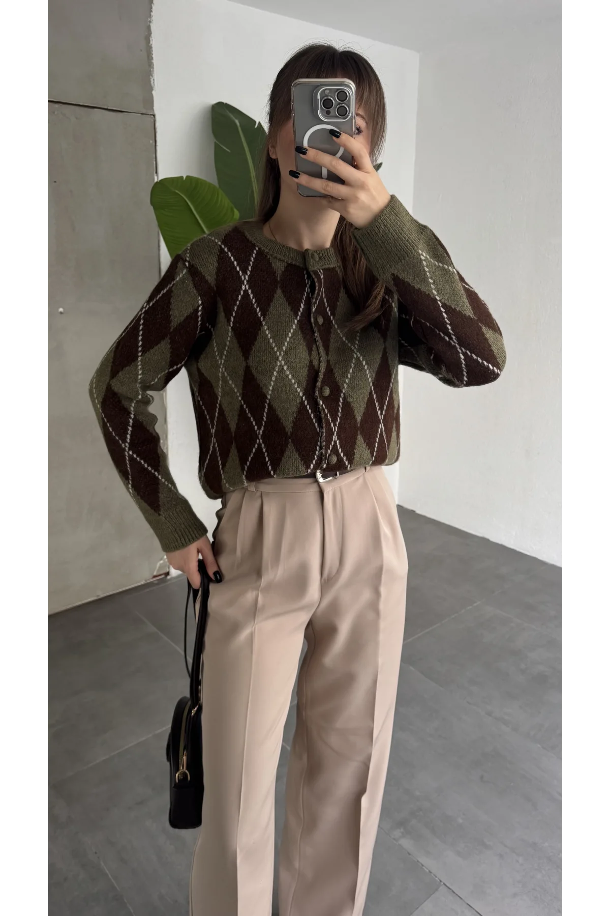 Kadın Baklava Desenli Düğmeli Triko Hırka Haki Kahverengi