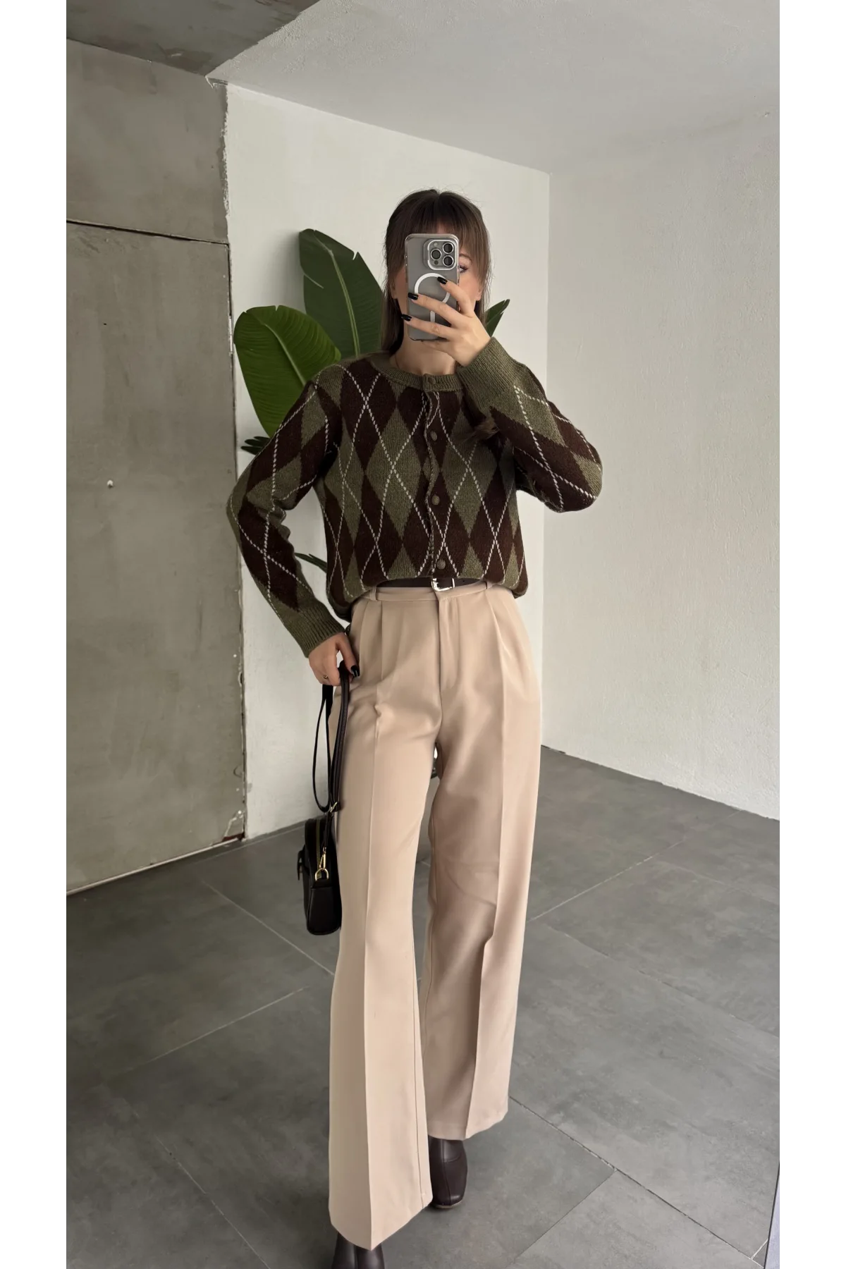 Kadın Baklava Desenli Düğmeli Triko Hırka Haki Kahverengi