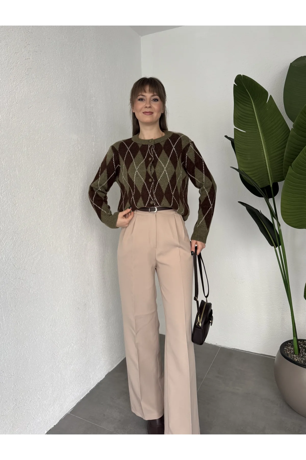 Kadın Baklava Desenli Düğmeli Triko Hırka Haki Kahverengi