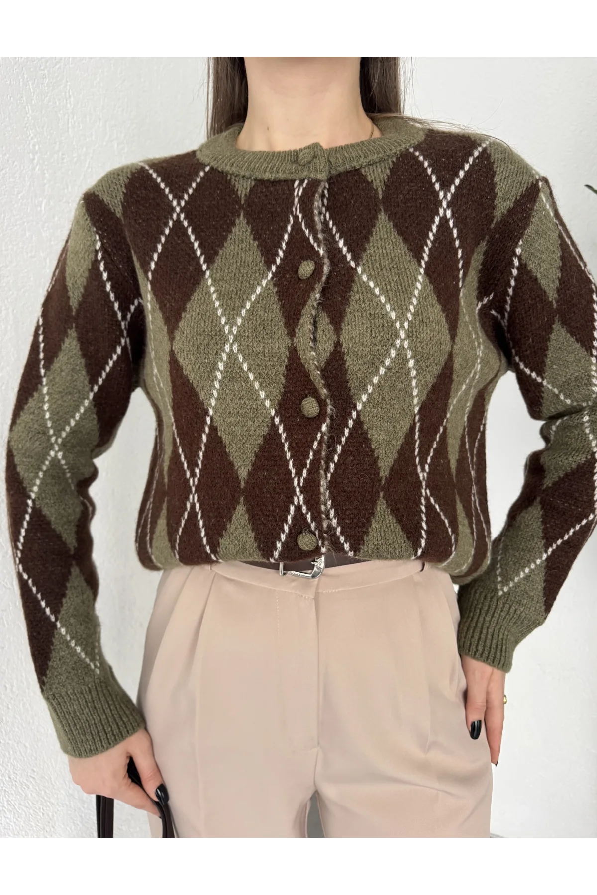 Kadın Baklava Desenli Düğmeli Triko Hırka Haki Kahverengi