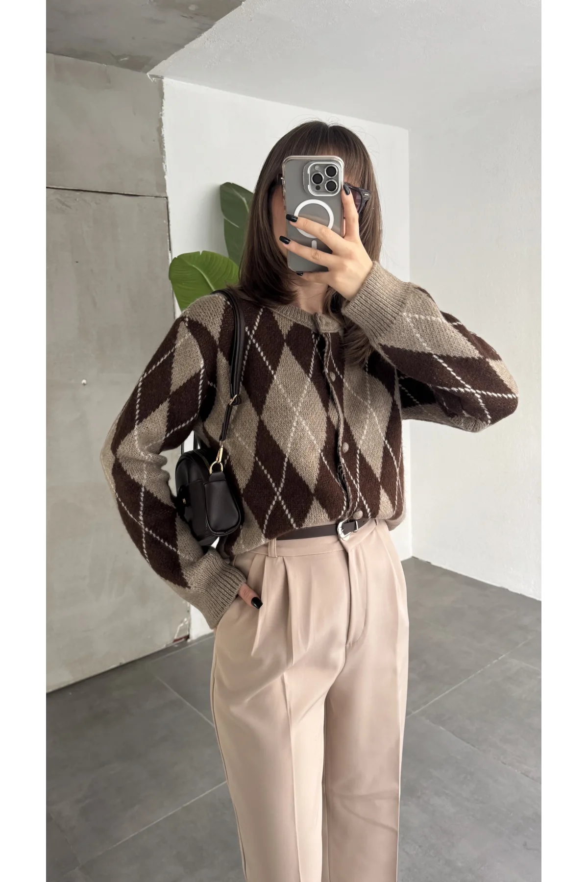 Kadın Baklava Desenli Düğmeli Triko Hırka Kahverengi Haki