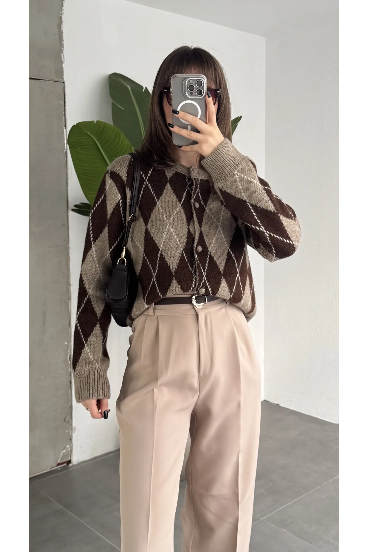 Kadın Baklava Desenli Düğmeli Triko Hırka Kahverengi Haki