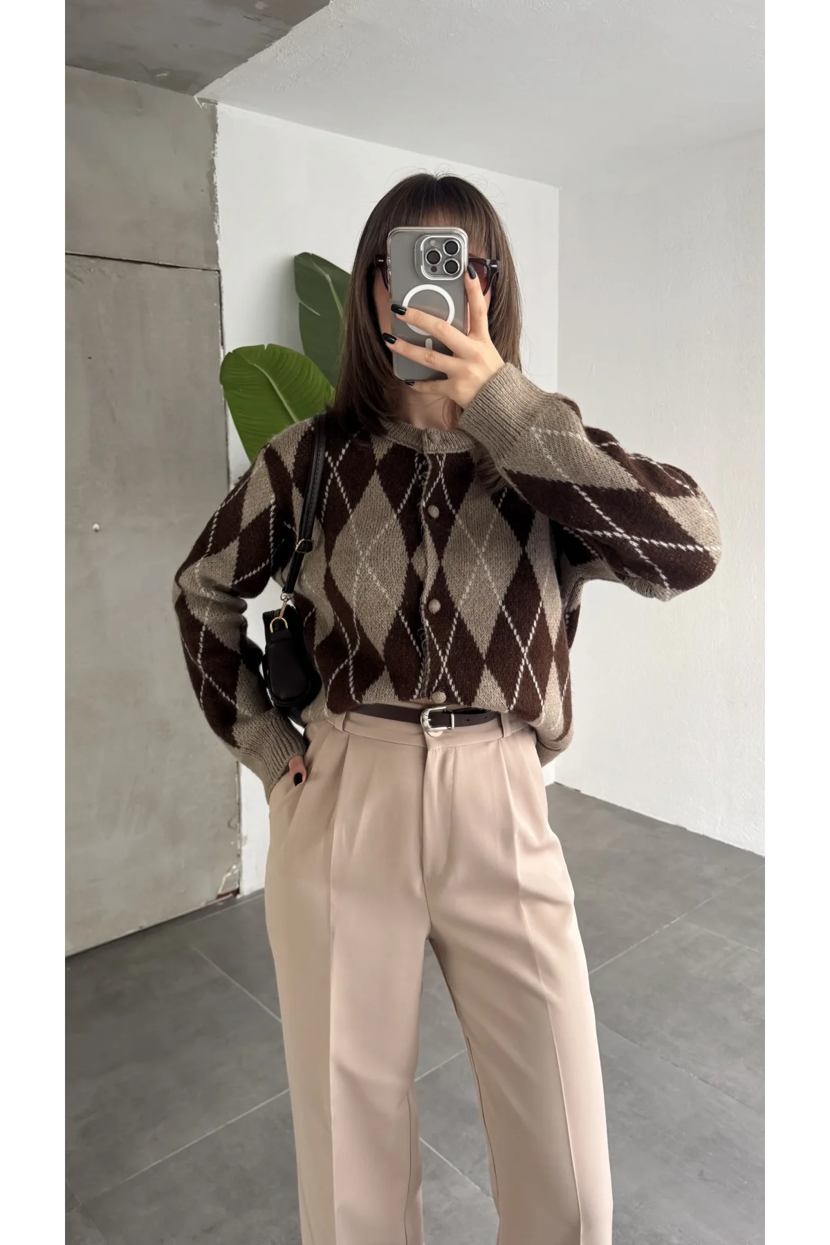 Kadın Baklava Desenli Düğmeli Triko Hırka Kahverengi Haki