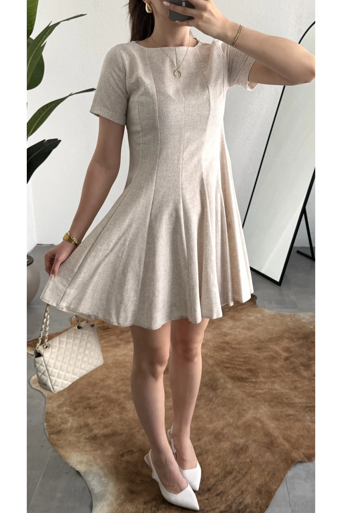 Kadın Bej Keten Görünümlü Kısa Kol Mini Elbise Bisiklet Yaka Fit & Flare Kadın Elbise