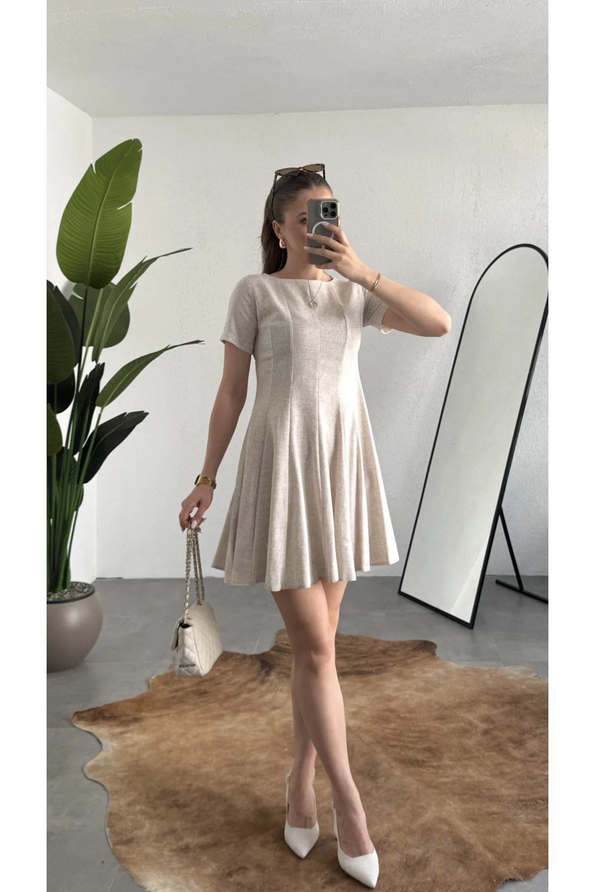Kadın Bej Keten Görünümlü Kısa Kol Mini Elbise Bisiklet Yaka Fit & Flare Kadın Elbise