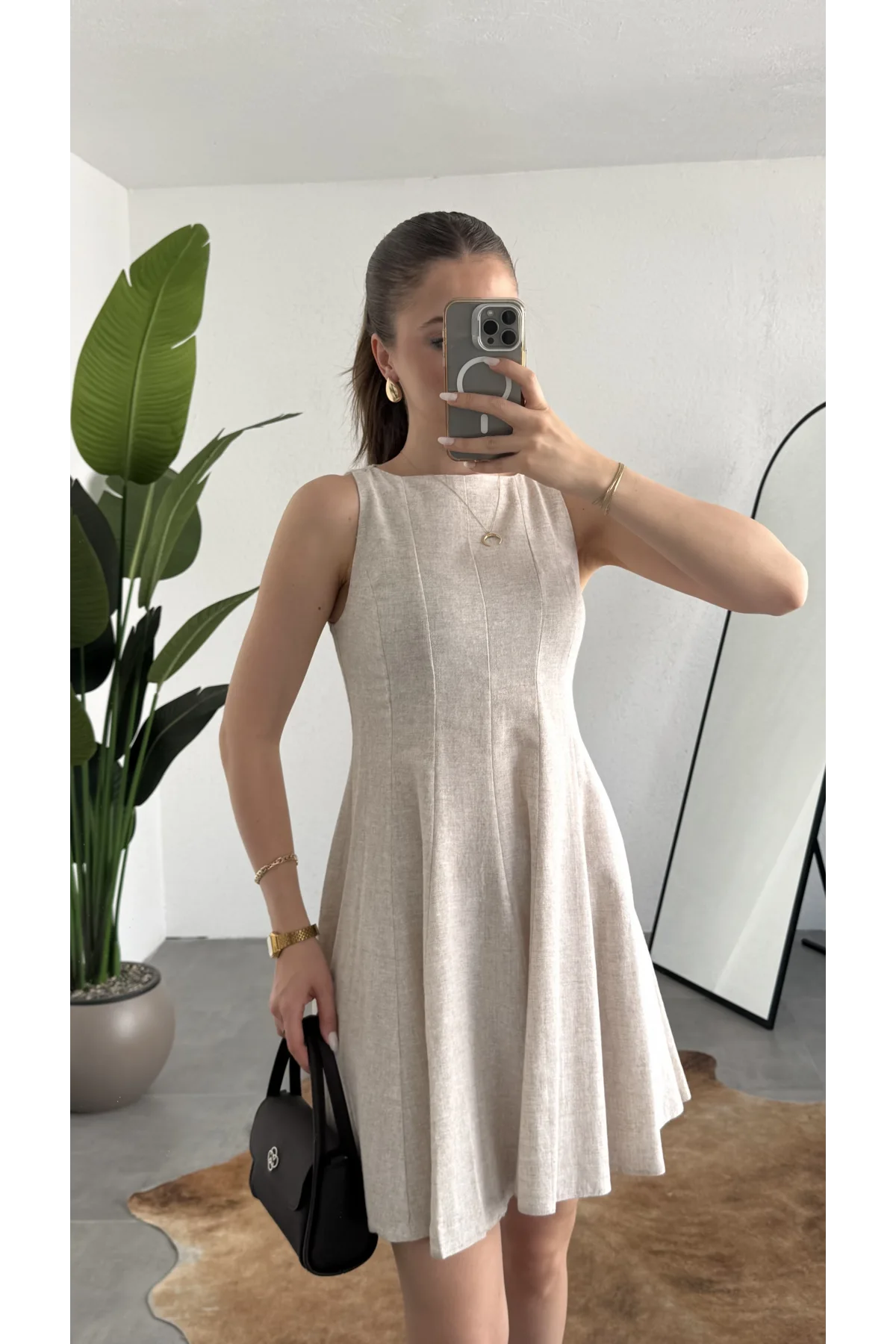 Kadın Bej Keten Görünümlü Kolsuz Mini Elbise Bisiklet Yaka Fit & Flare Kadın Elbise