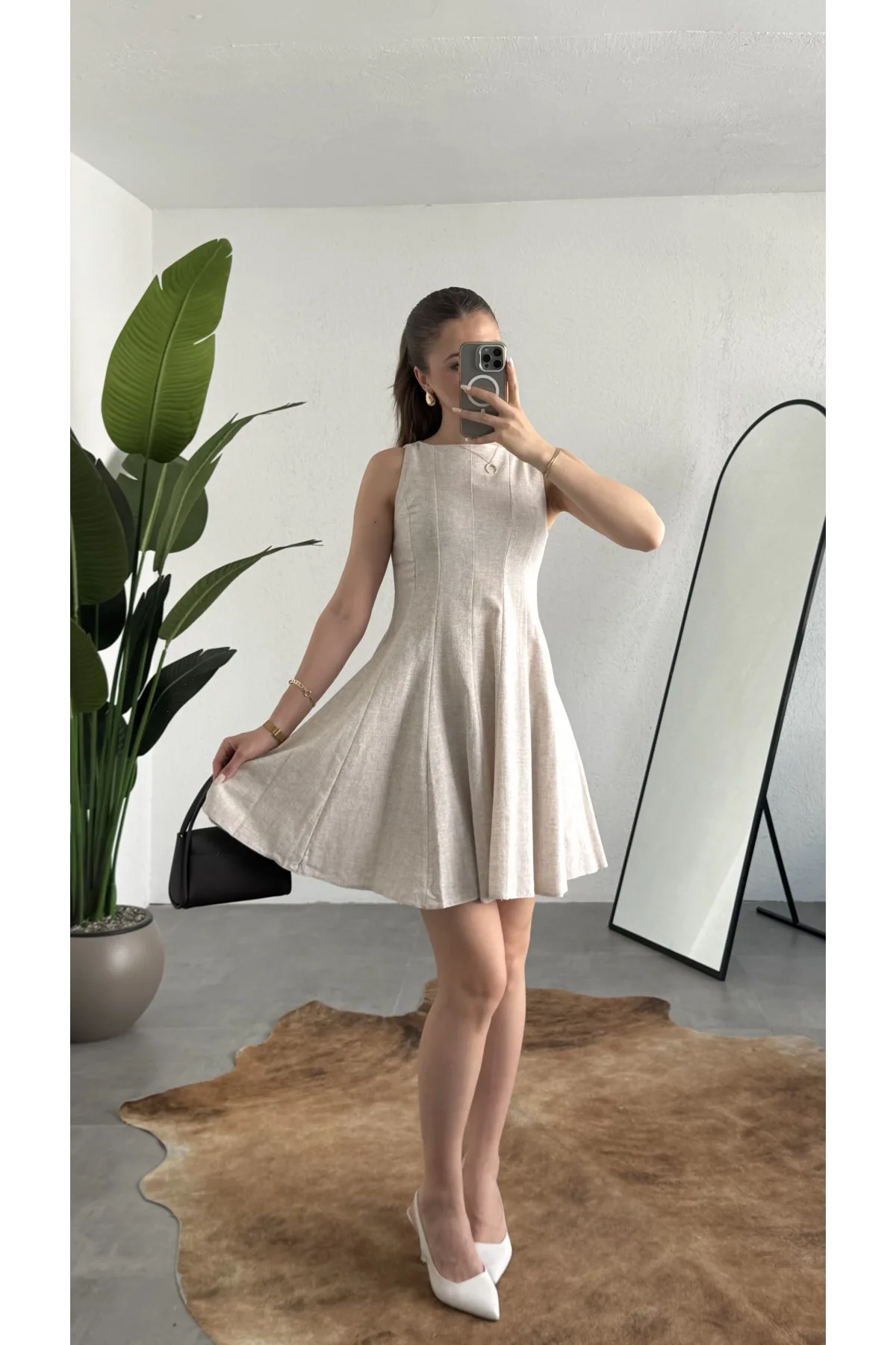 Kadın Bej Keten Görünümlü Kolsuz Mini Elbise Bisiklet Yaka Fit & Flare Kadın Elbise