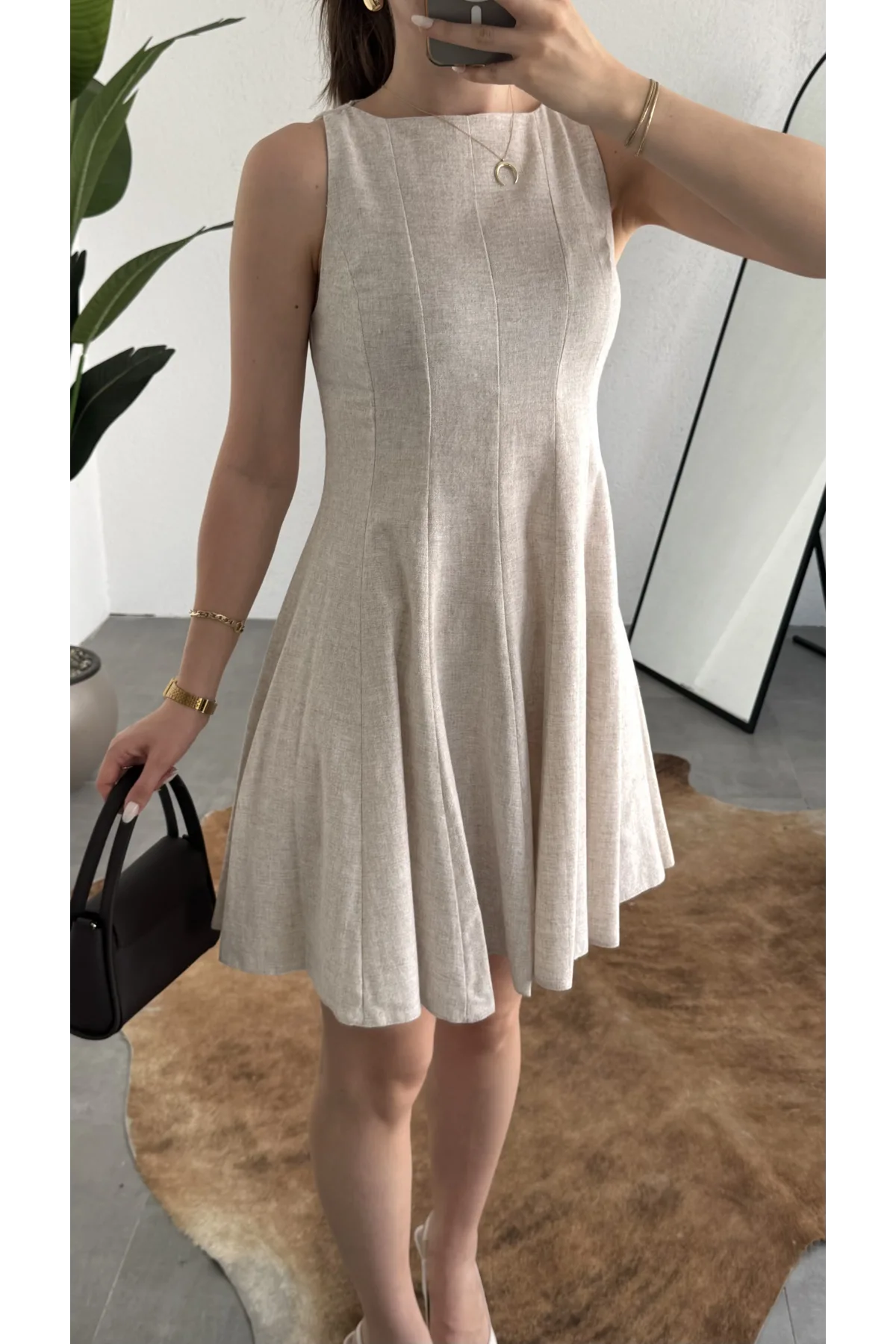 Kadın Bej Keten Görünümlü Kolsuz Mini Elbise Bisiklet Yaka Fit & Flare Kadın Elbise