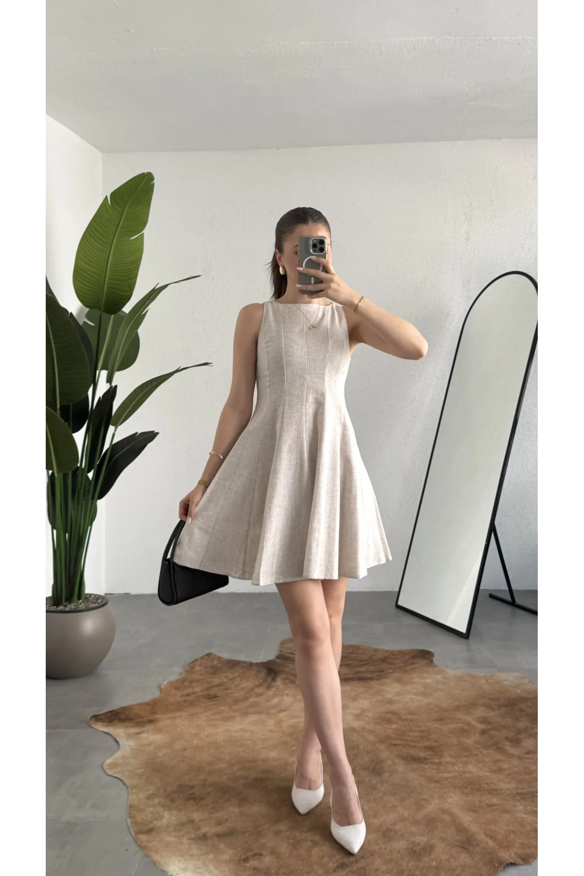 Kadın Bej Keten Görünümlü Kolsuz Mini Elbise Bisiklet Yaka Fit & Flare Kadın Elbise