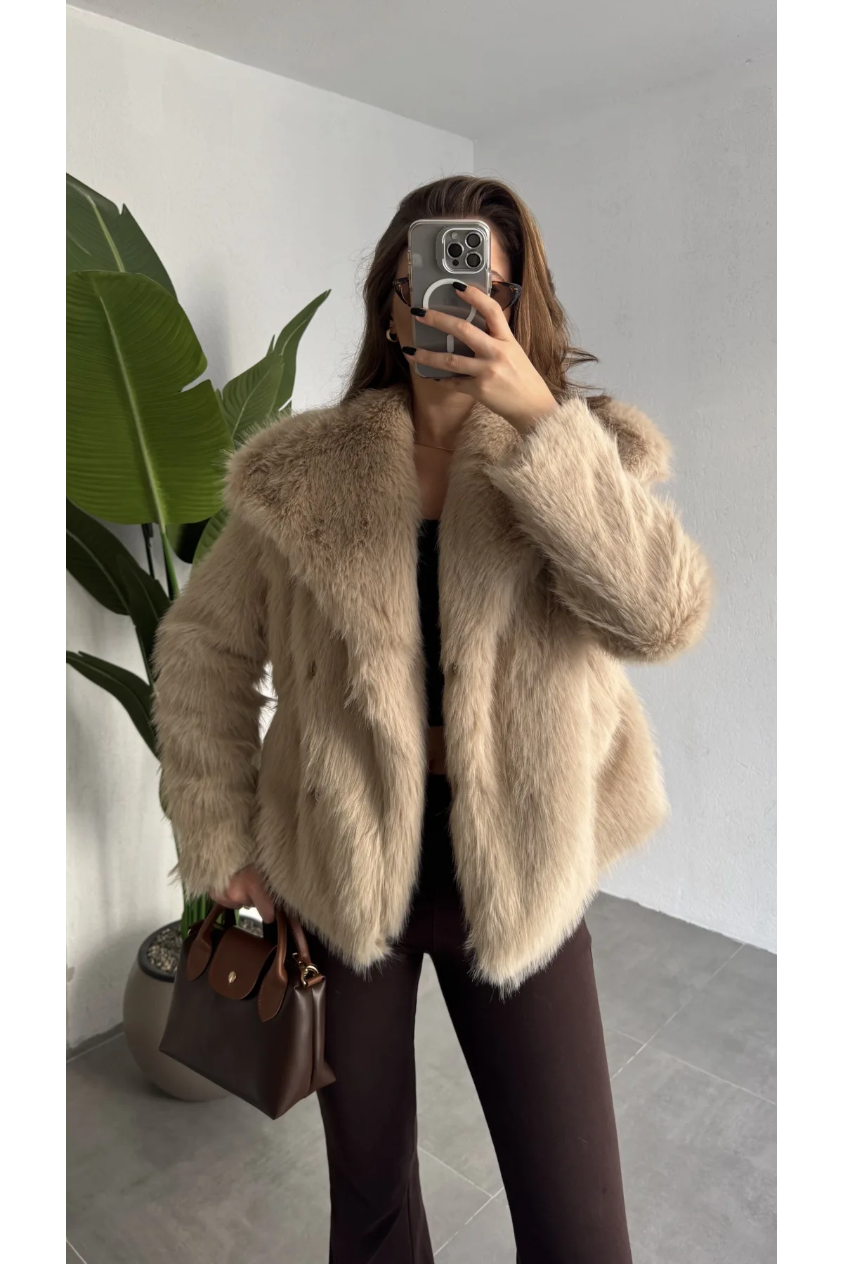 Kadın Bej Kürk Mont Kışlık Peluş Şık Model