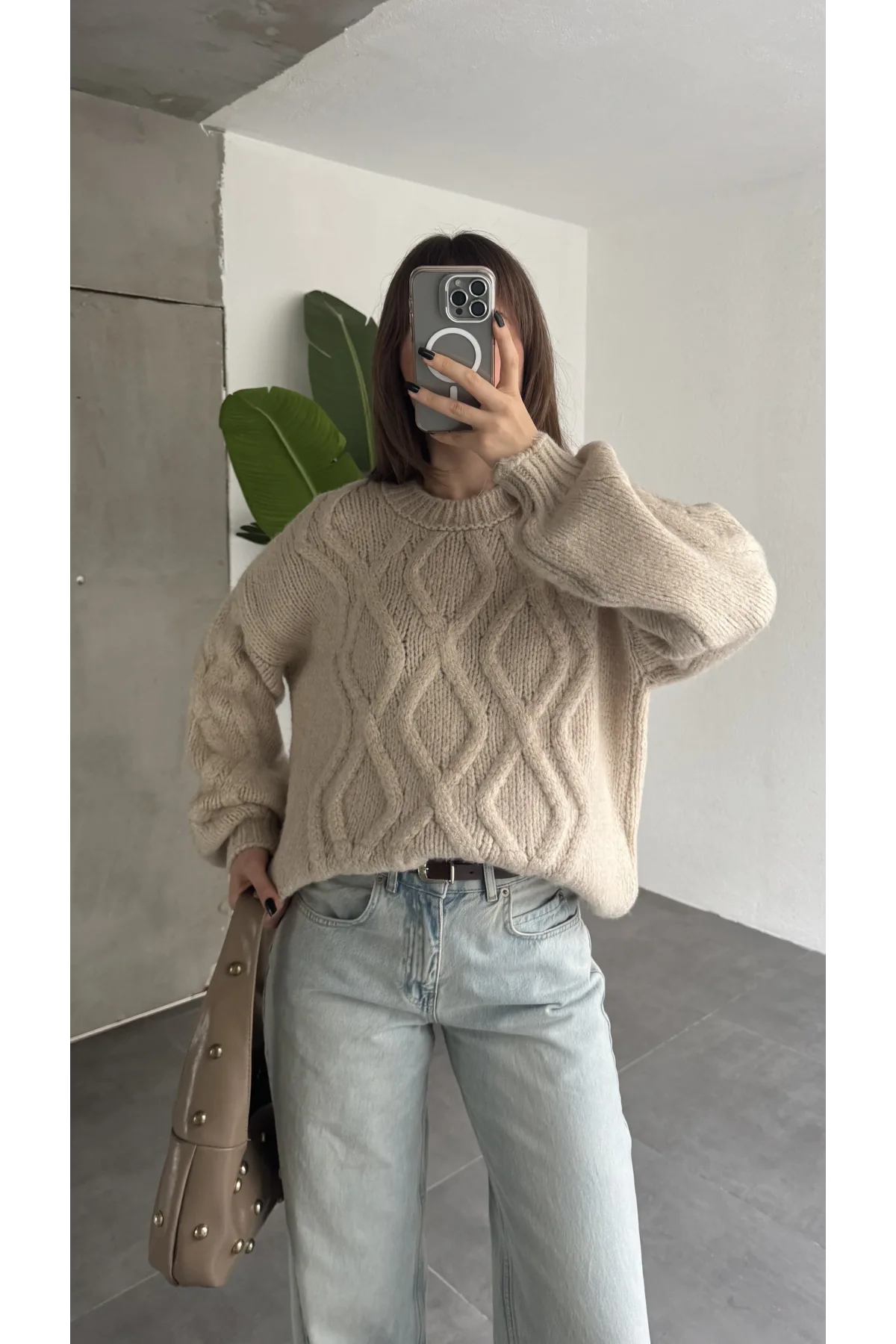 Kadın Bej Saç Örgü Triko Kazak Bisiklet Yaka Kışlık