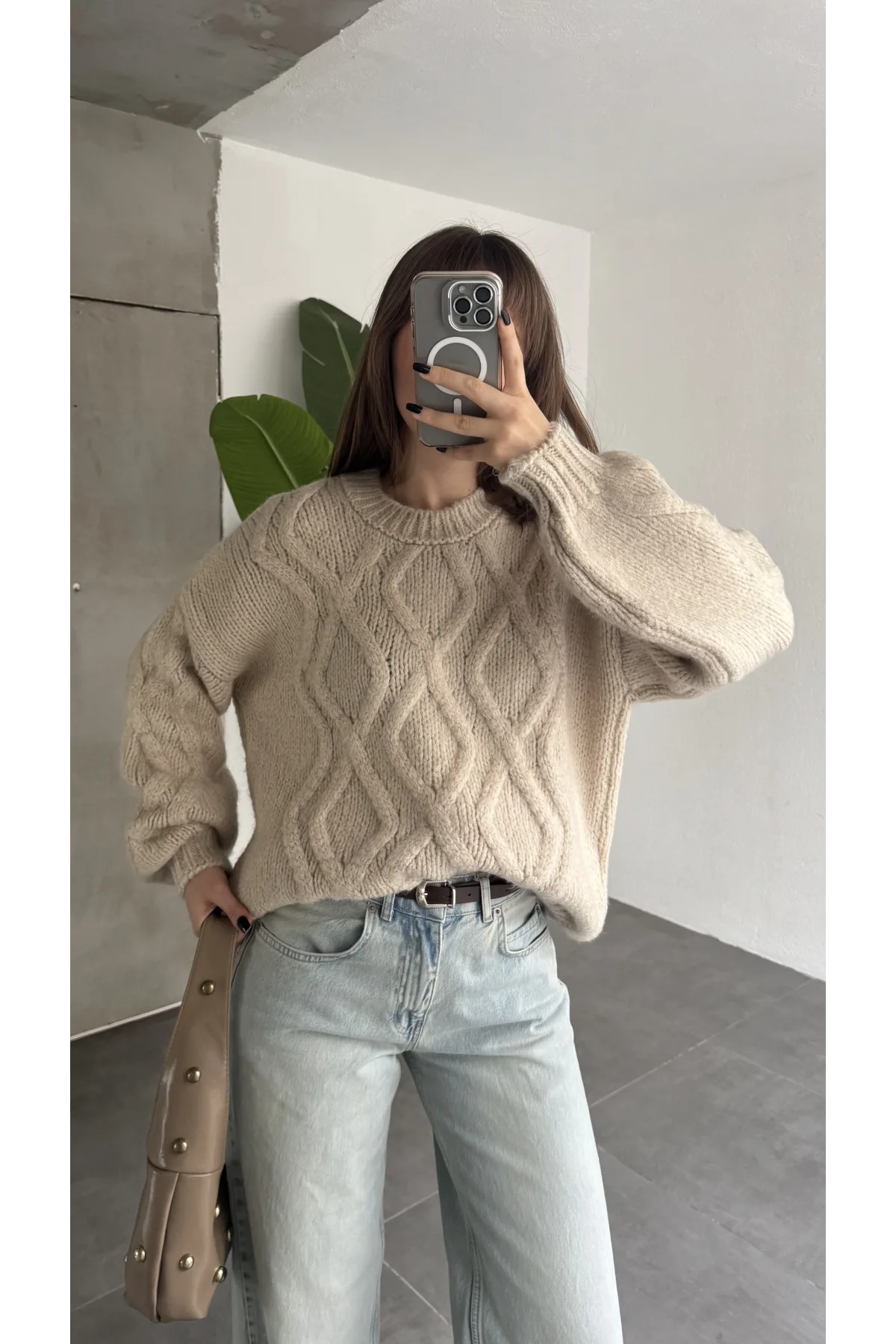 Kadın Bej Saç Örgü Triko Kazak Bisiklet Yaka Kışlık