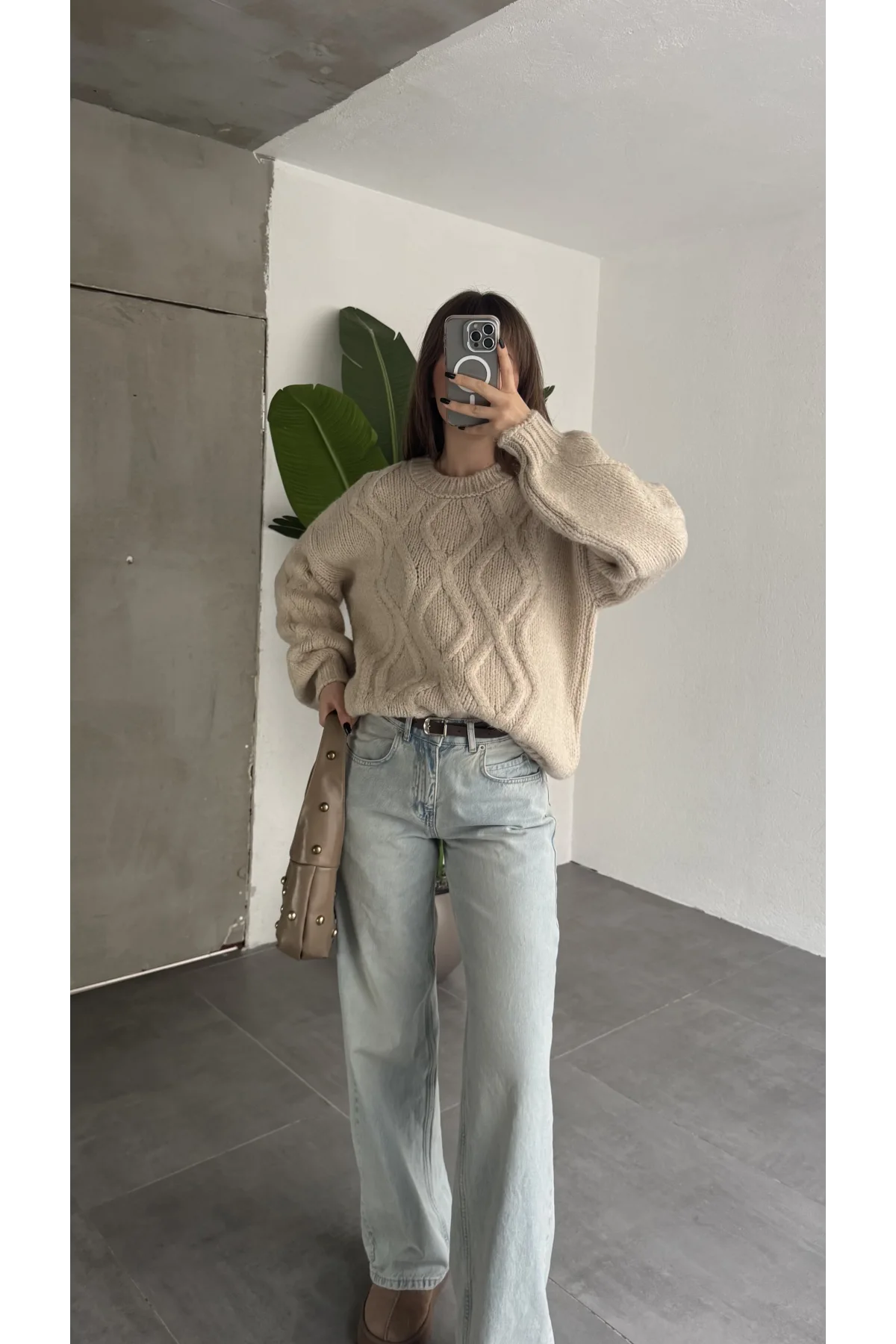 Kadın Bej Saç Örgü Triko Kazak Bisiklet Yaka Kışlık