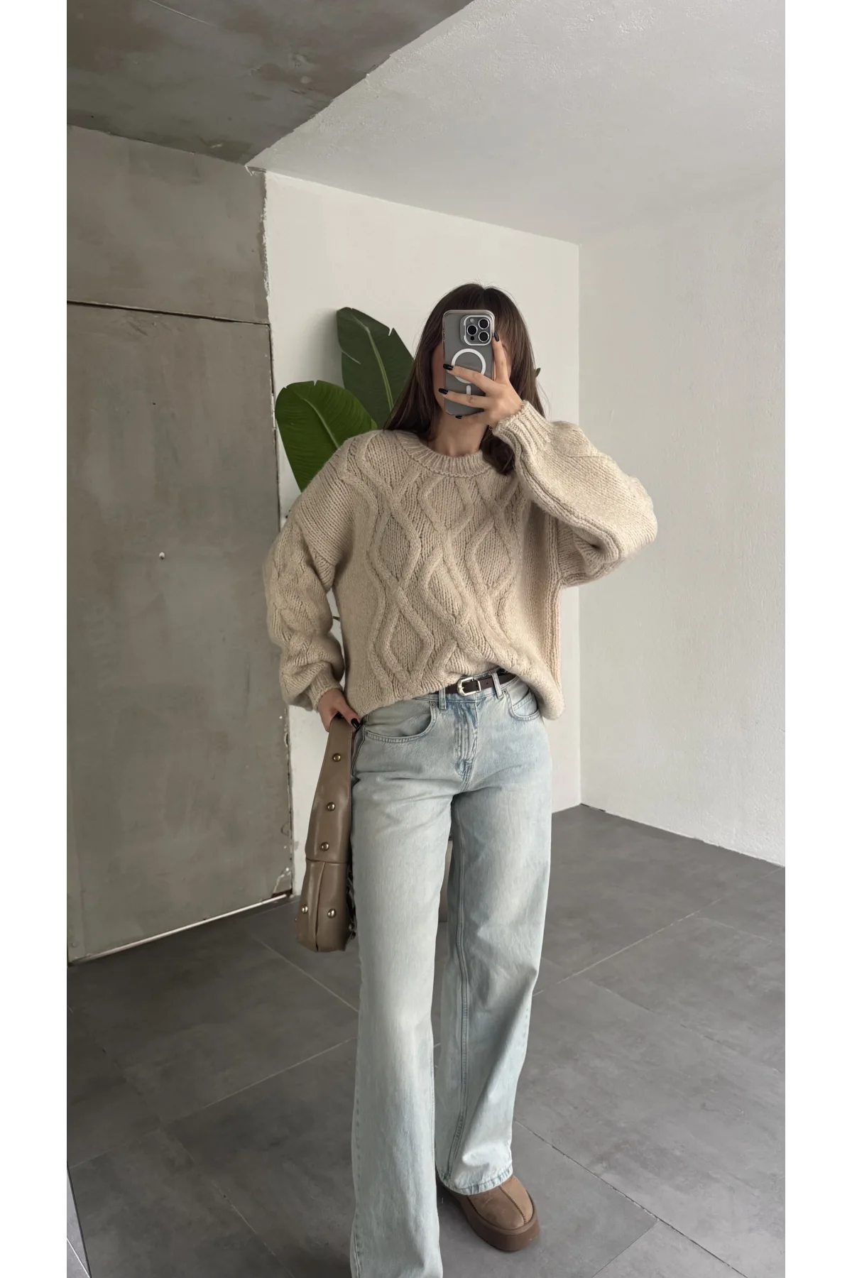 Kadın Bej Saç Örgü Triko Kazak Bisiklet Yaka Kışlık