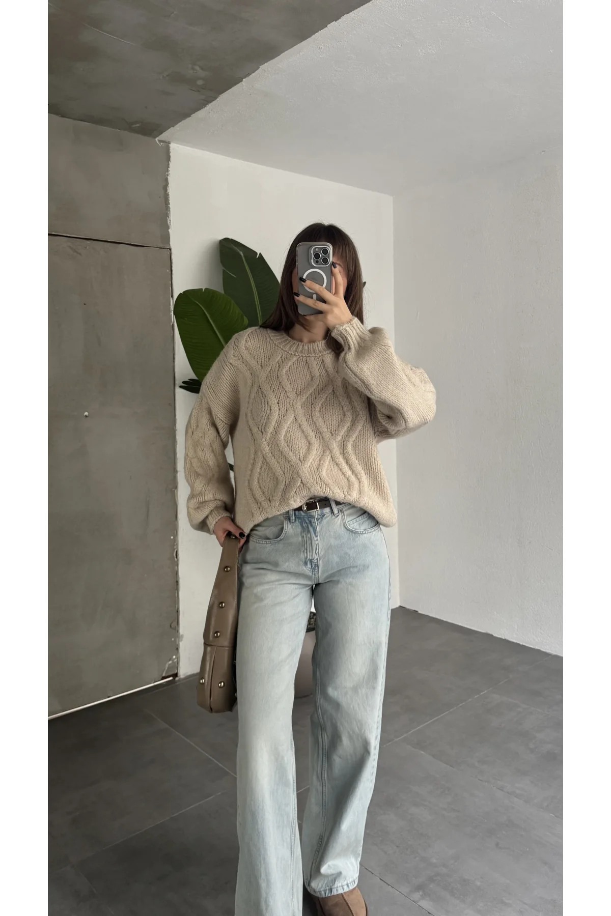 Kadın Bej Saç Örgü Triko Kazak Bisiklet Yaka Kışlık