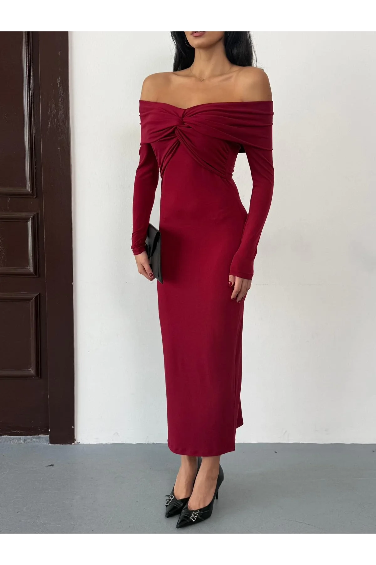 Kadın Bordo Madonna Yaka Düğümlü Uzun Kollu Midi Boy Elbise