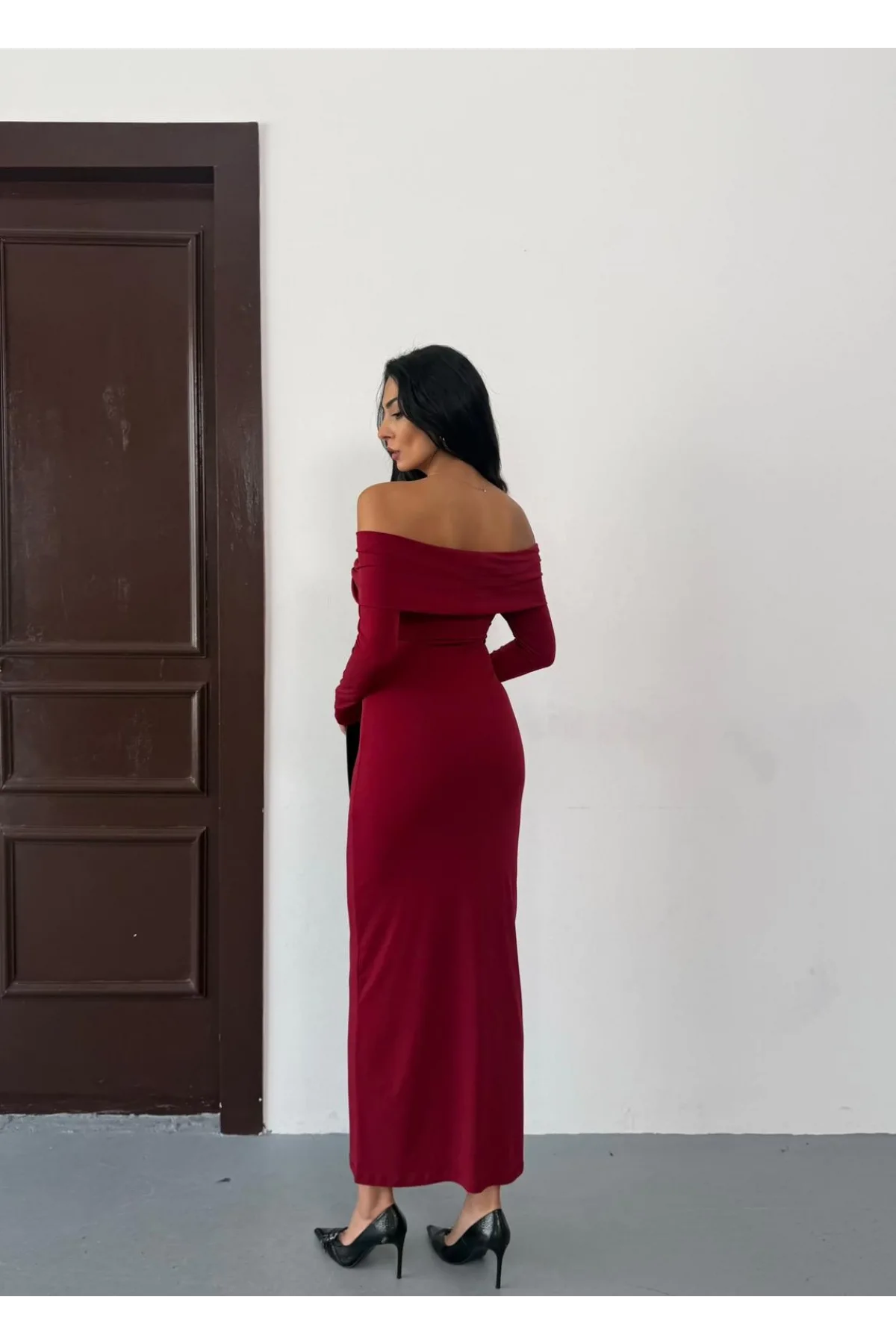 Kadın Bordo Madonna Yaka Düğümlü Uzun Kollu Midi Boy Elbise